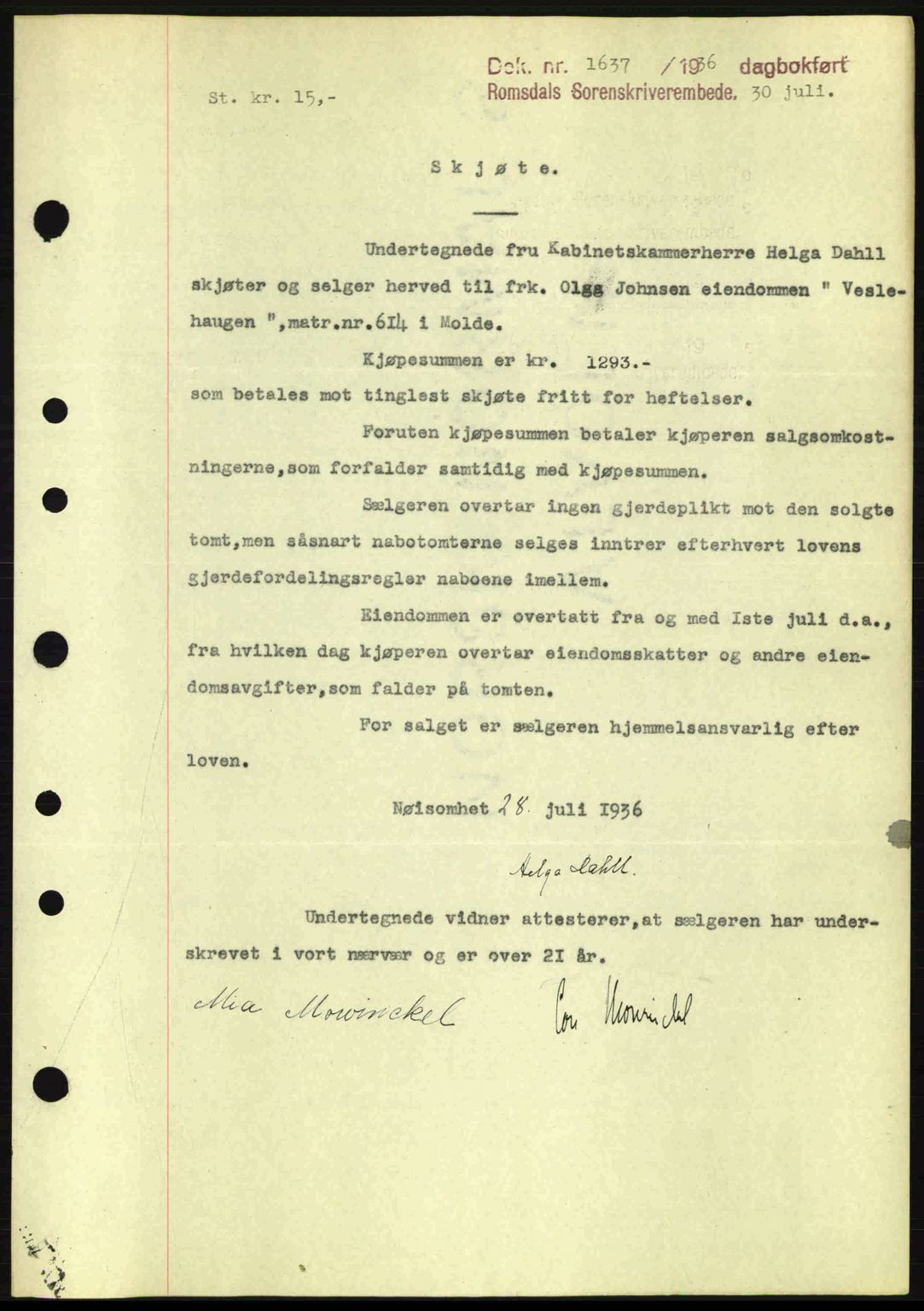 Romsdal sorenskriveri, SAT/A-4149/1/2/2C: Pantebok nr. A1, 1936-1936, Dagboknr: 1637/1936