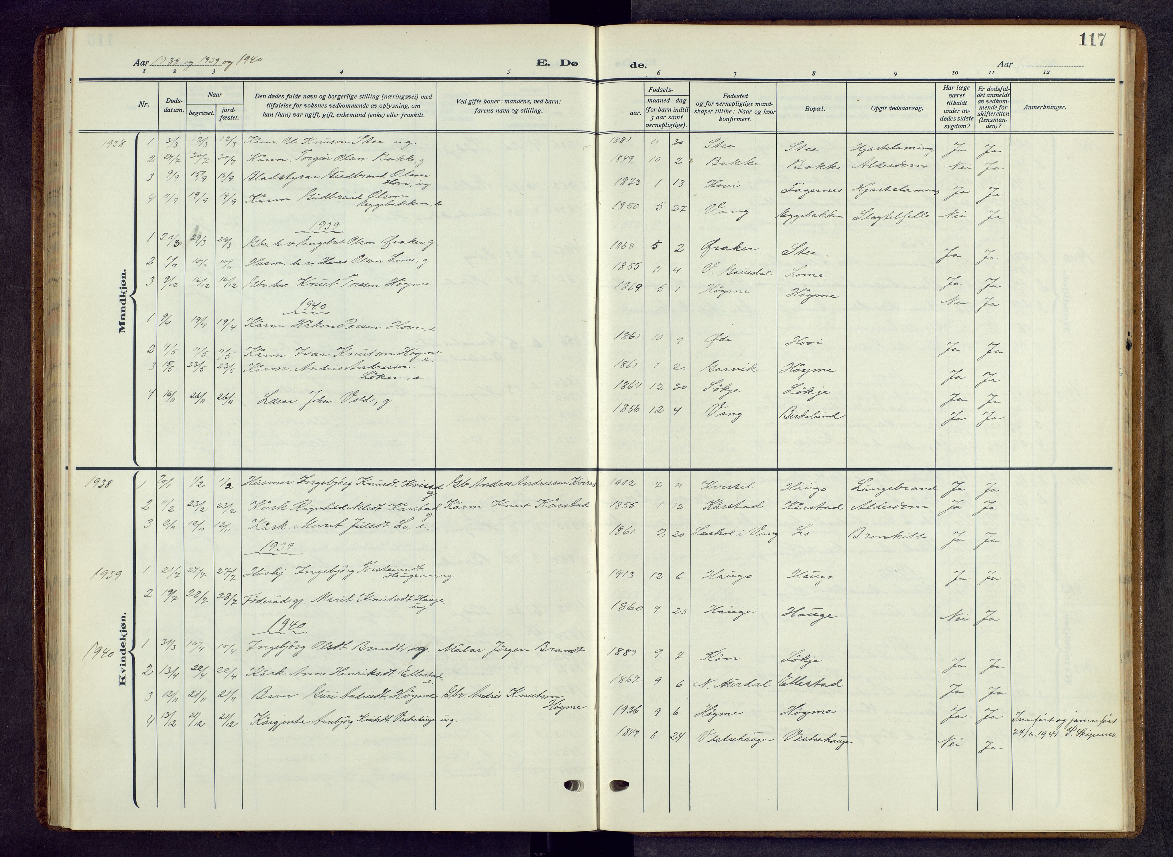 Vestre Slidre prestekontor, AV/SAH-PREST-136/H/Ha/Hab/L0009: Klokkerbok nr. 9, 1914-1970, s. 117