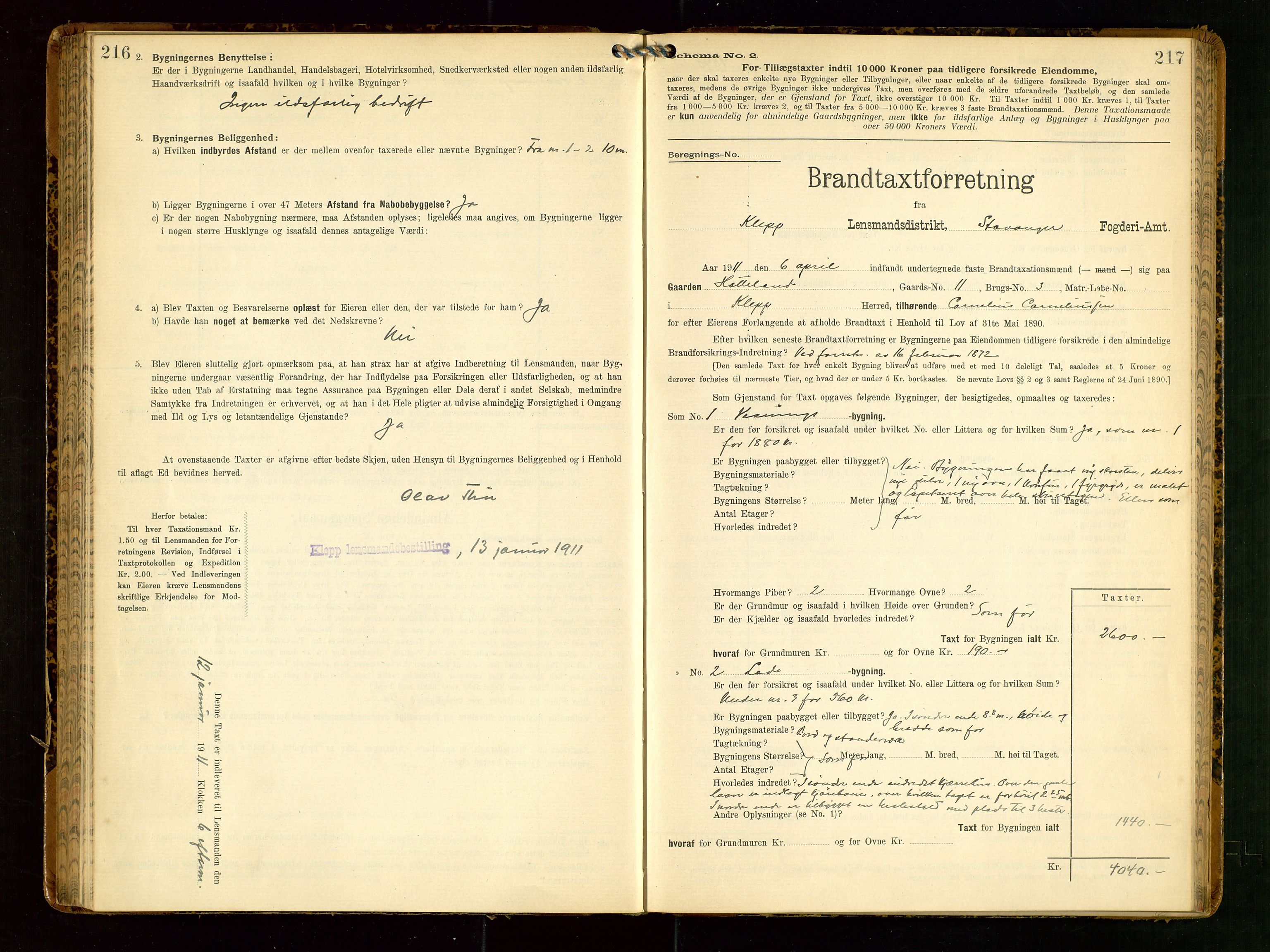 Klepp lensmannskontor, AV/SAST-A-100163/Goc/L0006: "Brandtaxationsprotokol" m/register, 1908-1912, s. 216-217