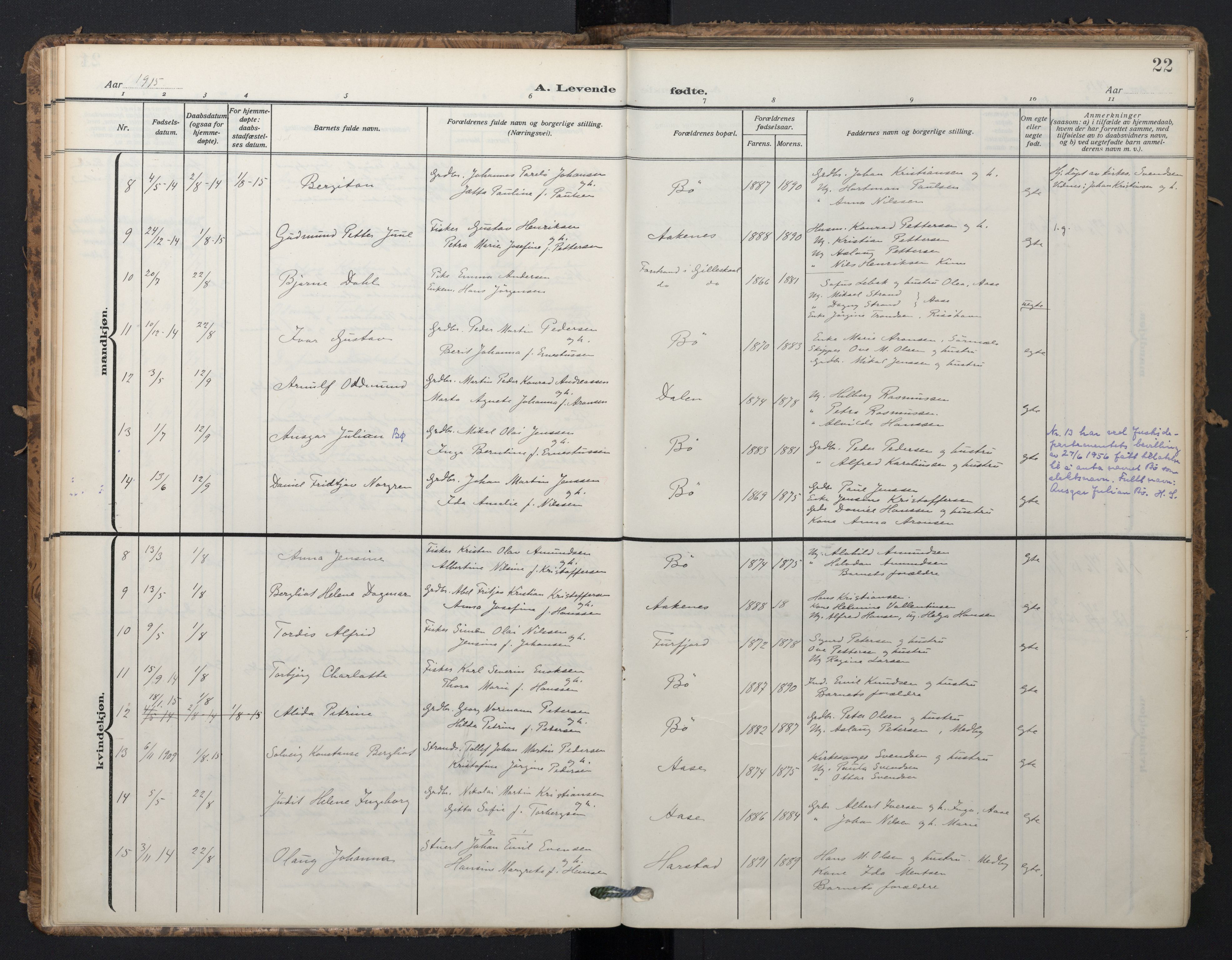 Ministerialprotokoller, klokkerbøker og fødselsregistre - Nordland, SAT/A-1459/898/L1423: Ministerialbok nr. 898A03, 1909-1928, s. 22