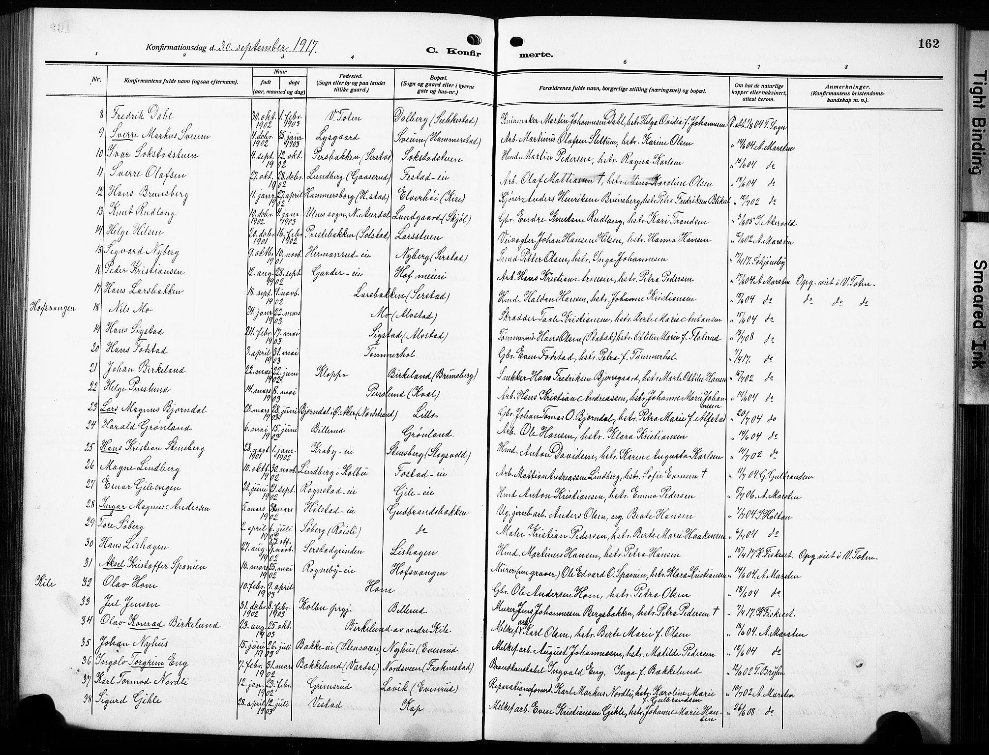 Østre Toten prestekontor, AV/SAH-PREST-104/H/Ha/Hab/L0010: Klokkerbok nr. 10, 1912-1933, s. 162