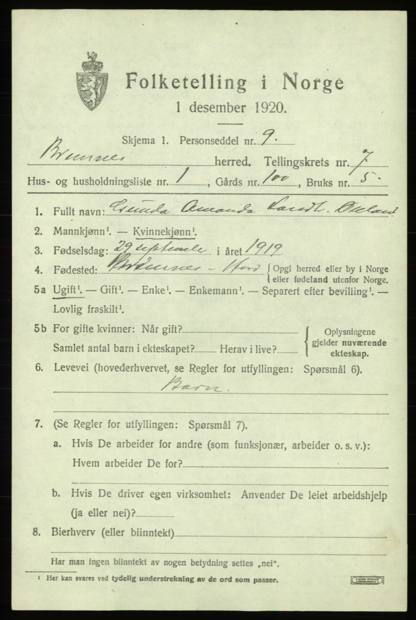 SAB, Folketelling 1920 for 1220 Bremnes herred, 1920, s. 4024