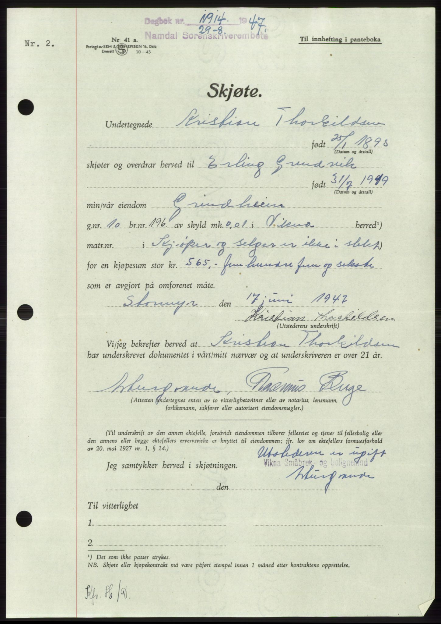 Namdal sorenskriveri, SAT/A-4133/1/2/2C: Pantebok nr. -, 1947-1947, Dagboknr: 1914/1947