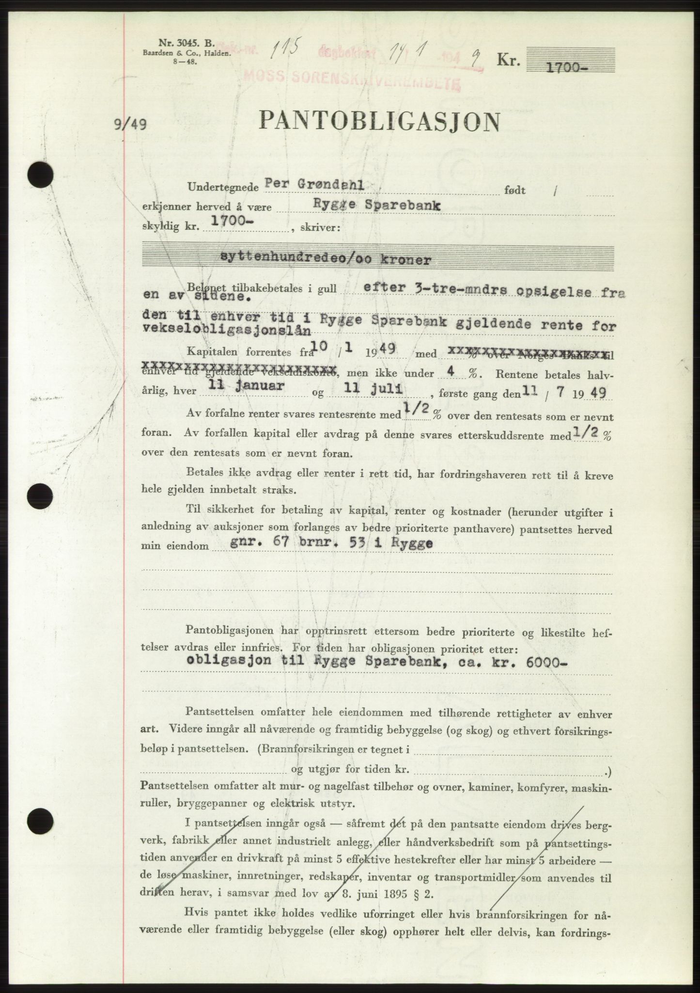 Moss sorenskriveri, SAO/A-10168: Pantebok nr. B21, 1949-1949, Dagboknr: 115/1949