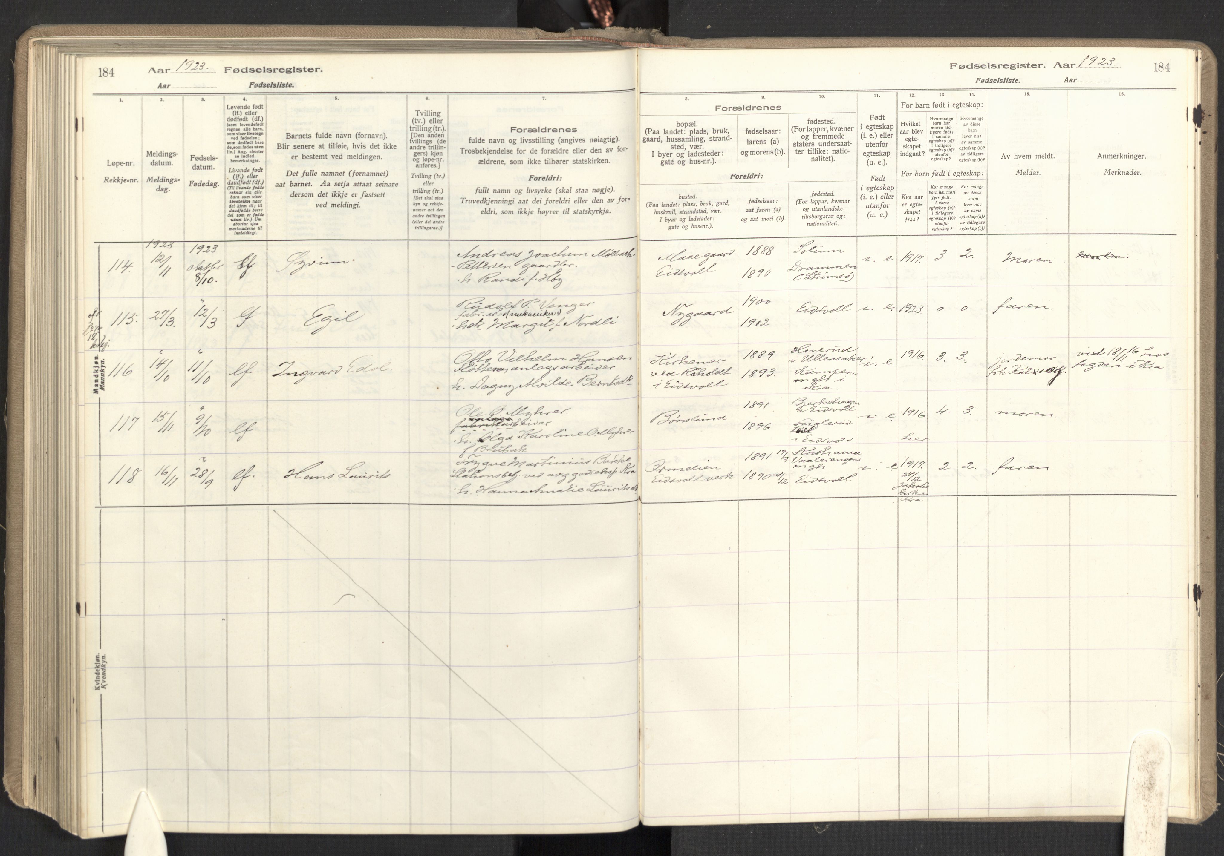 Eidsvoll prestekontor Kirkebøker, AV/SAO-A-10888/J/Ja/L0001: Fødselsregister nr. I 1, 1916-1924, s. 184