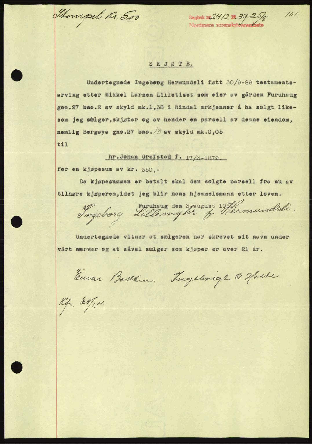 Nordmøre sorenskriveri, SAT/A-4132/1/2/2Ca: Pantebok nr. A87, 1939-1940, Dagboknr: 2412/1939
