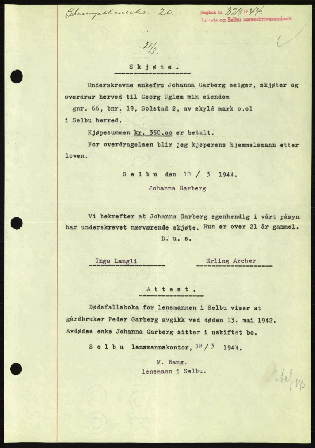 Strinda og Selbu sorenskriveri, SAT/A-0015/2/2C: Pantebok nr. A9, 1944-1945, Dagboknr: 828/1944