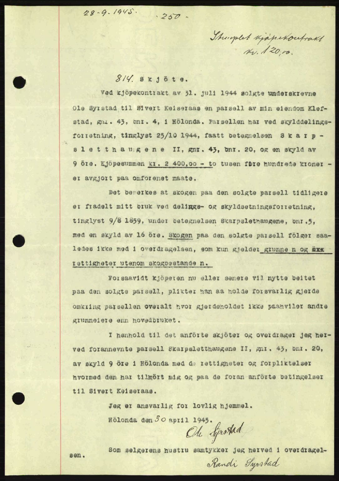 Gauldal sorenskriveri, SAT/A-0014/1/2/2C: Pantebok nr. A1a, 1945-1945, Dagboknr: 814/1945