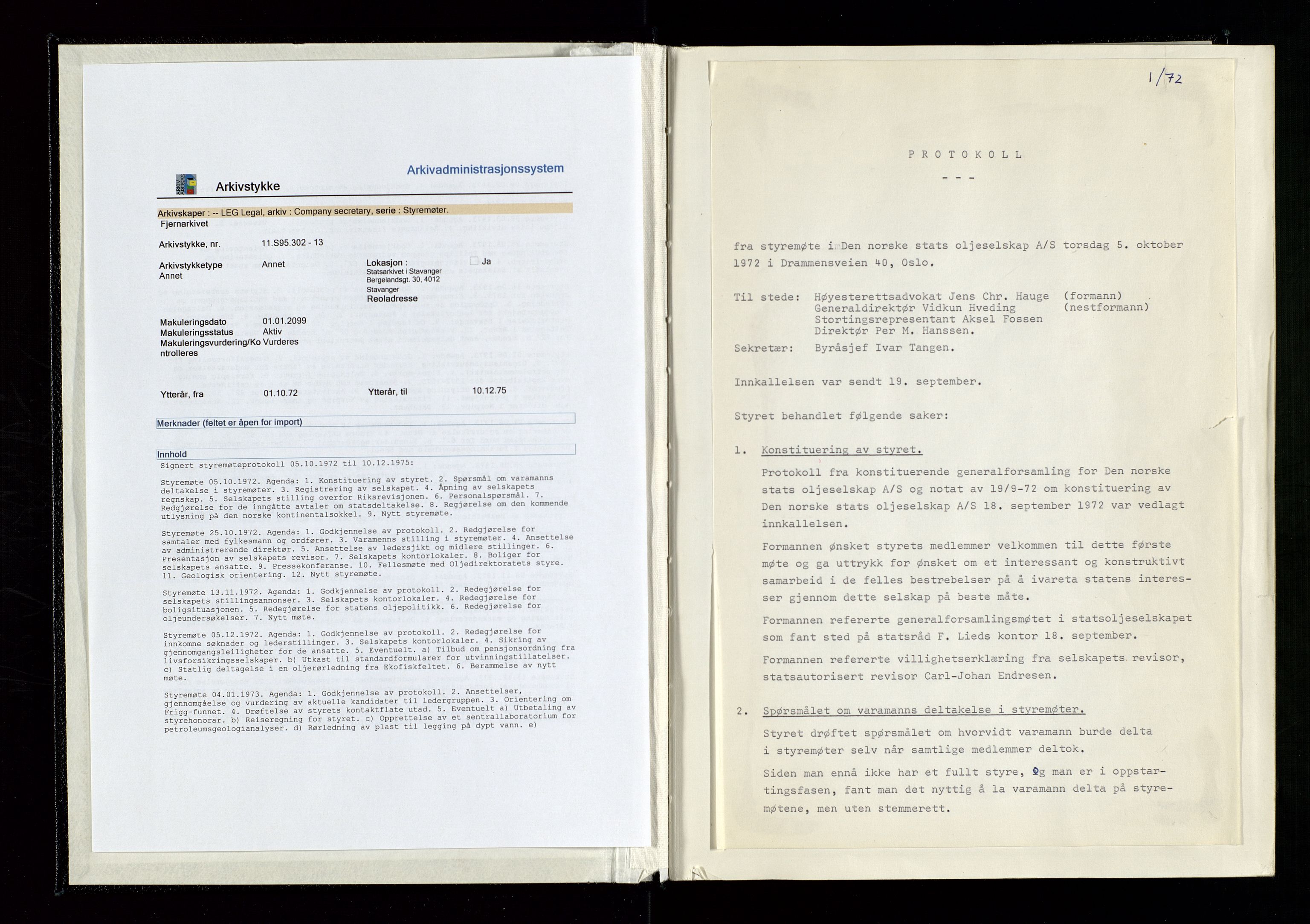 Pa 1339 - Statoil ASA, AV/SAST-A-101656/0001/A/Ab/Aba/L0001: Styremøteprotokoller, 05.10.1972 til 14.12.1978, 1972-1978, s. 2