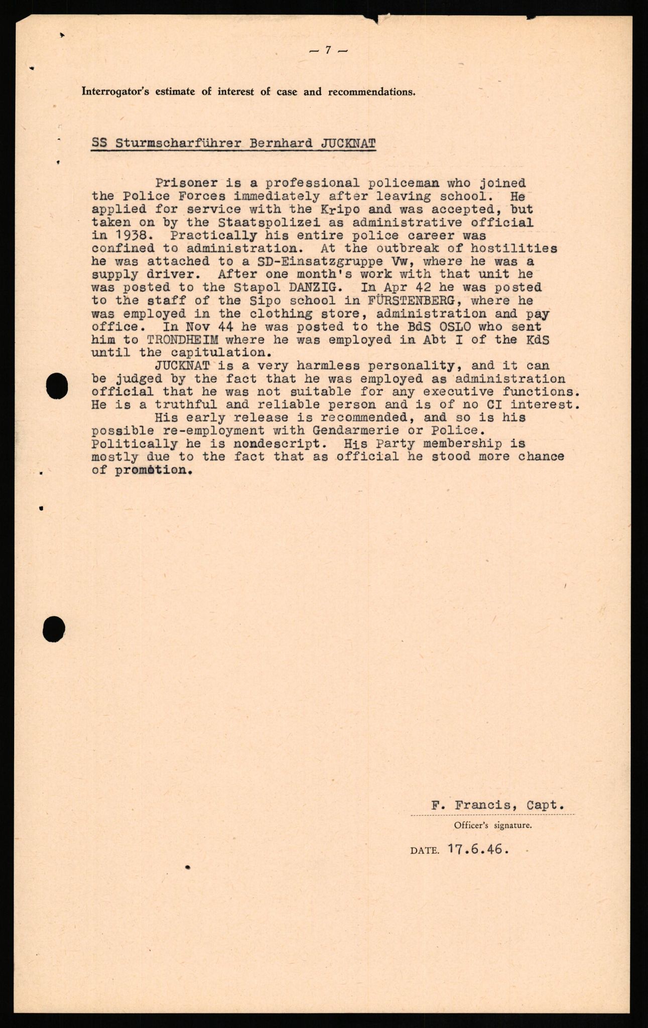 Forsvaret, Forsvarets overkommando II, AV/RA-RAFA-3915/D/Db/L0015: CI Questionaires. Tyske okkupasjonsstyrker i Norge. Tyskere., 1945-1946, s. 173