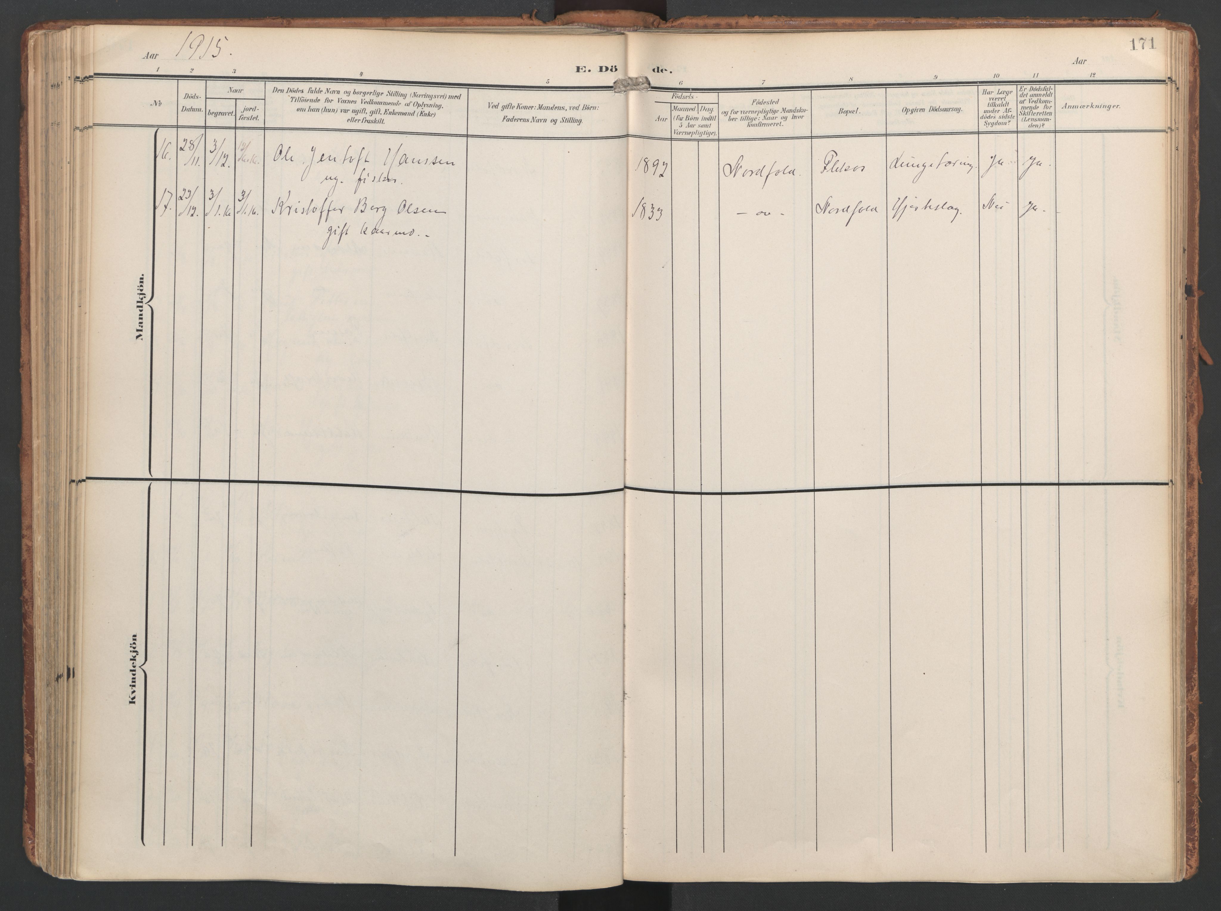 Ministerialprotokoller, klokkerbøker og fødselsregistre - Nordland, AV/SAT-A-1459/858/L0832: Ministerialbok nr. 858A02, 1902-1915, s. 171