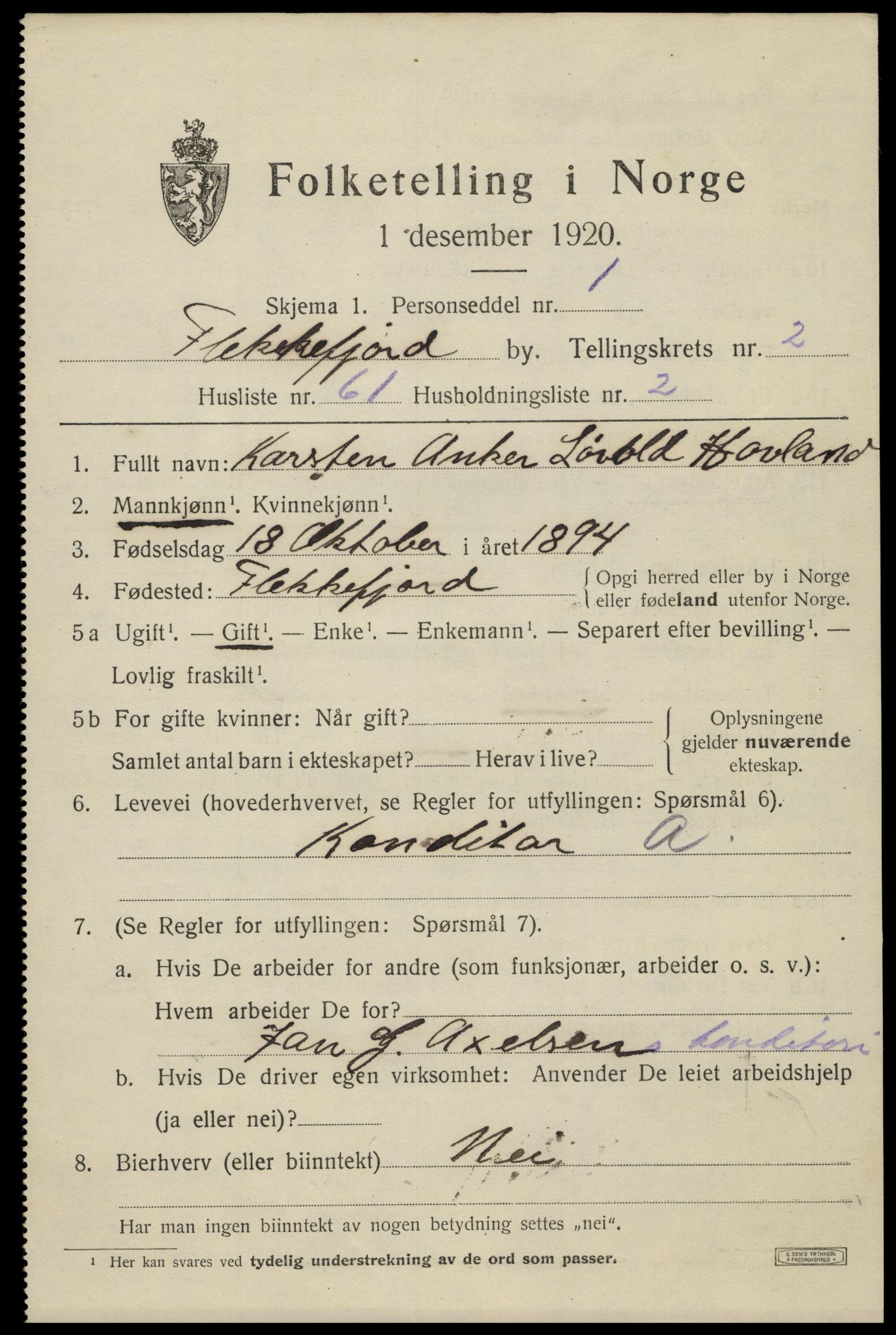SAK, Folketelling 1920 for 1004 Flekkefjord kjøpstad, 1920, s. 3218