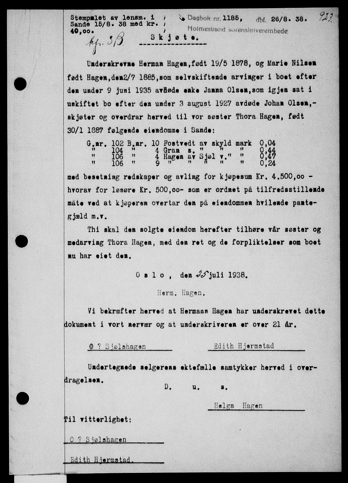 Holmestrand sorenskriveri, SAKO/A-67/G/Ga/Gaa/L0049: Pantebok nr. A-49, 1937-1938, Dagboknr: 1185/1938