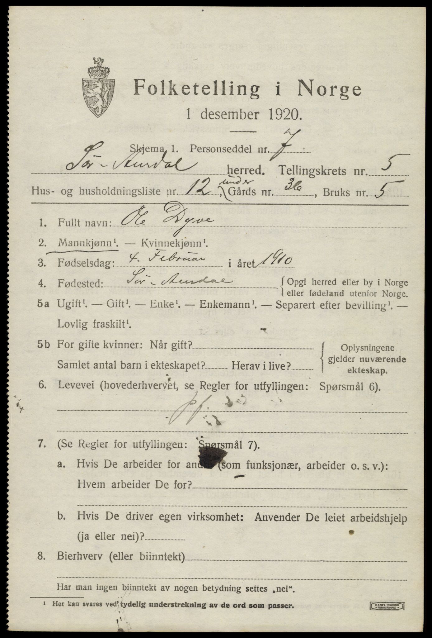 SAH, Folketelling 1920 for 0540 Sør-Aurdal herred, 1920, s. 2883