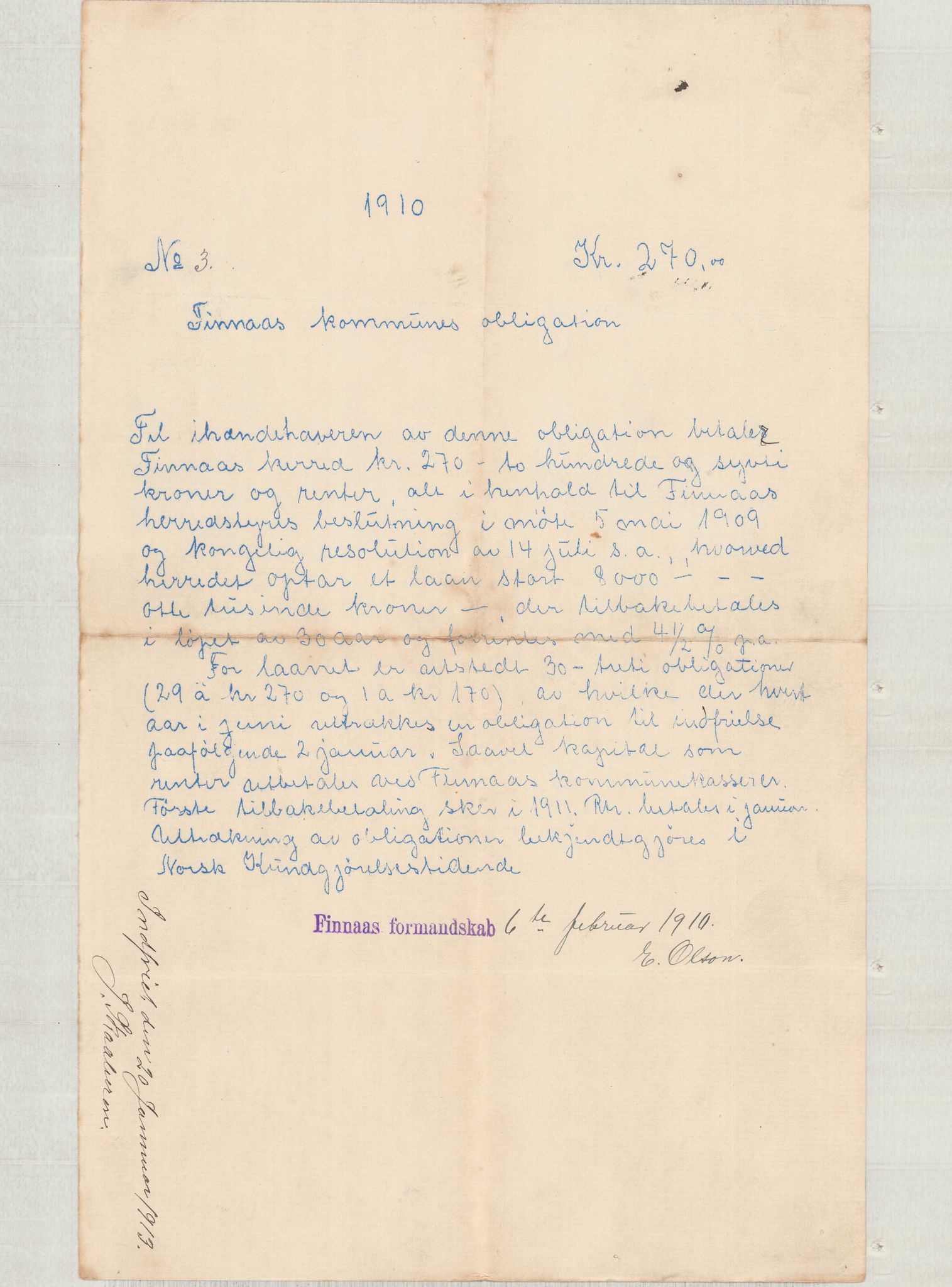 Finnaas kommune. Formannskapet, IKAH/1218a-021/D/Da/L0001/0011: Korrespondanse / saker / Kronologisk ordna korrespondanse , 1908-1912, s. 10