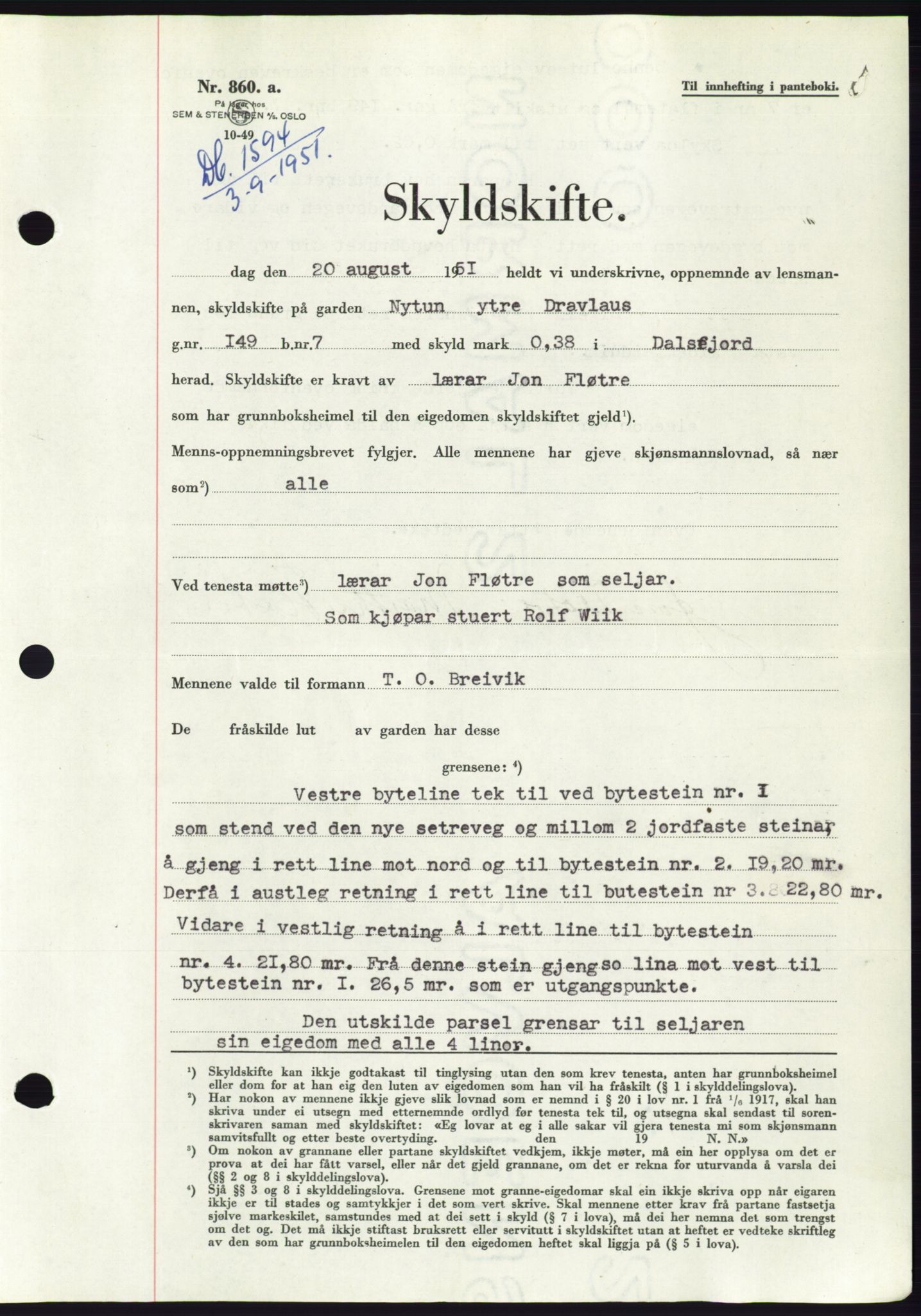 Søre Sunnmøre sorenskriveri, SAT/A-4122/1/2/2C/L0089: Pantebok nr. 15A, 1951-1951, Dagboknr: 1594/1951