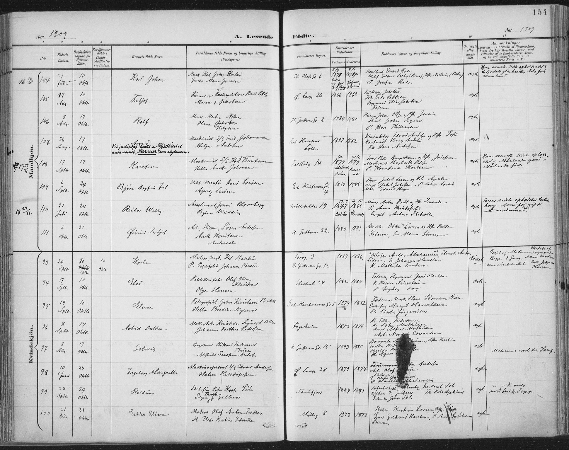 Tønsberg kirkebøker, AV/SAKO-A-330/F/Fa/L0014: Ministerialbok nr. I 14, 1900-1913, s. 154