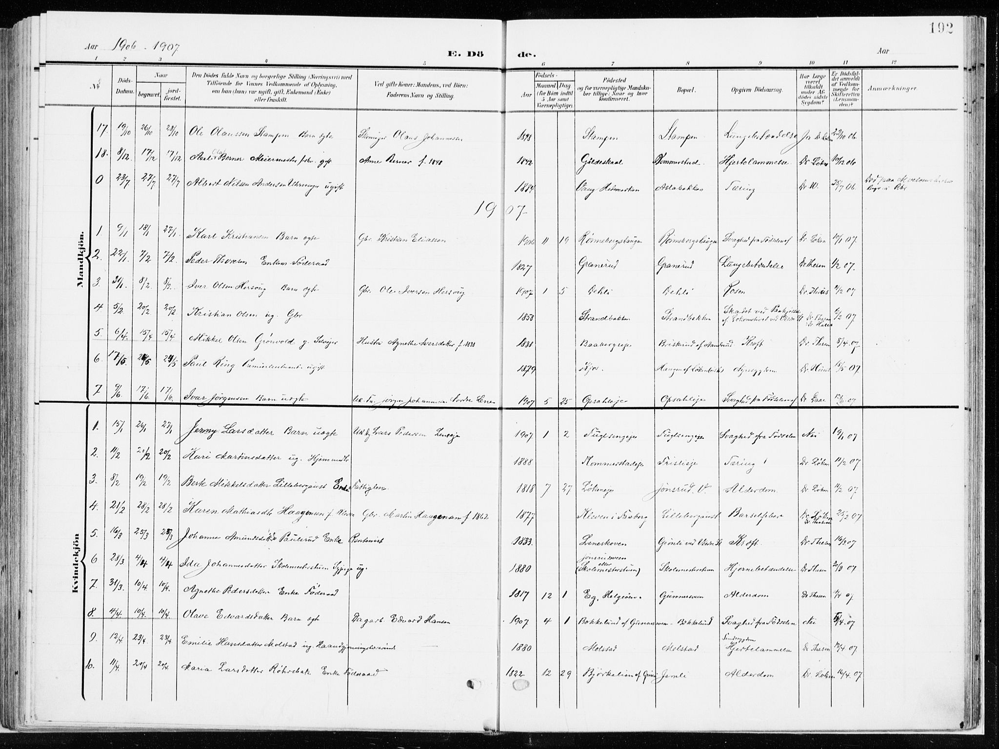 Ringsaker prestekontor, AV/SAH-PREST-014/K/Ka/L0019: Ministerialbok nr. 19, 1905-1920, s. 192
