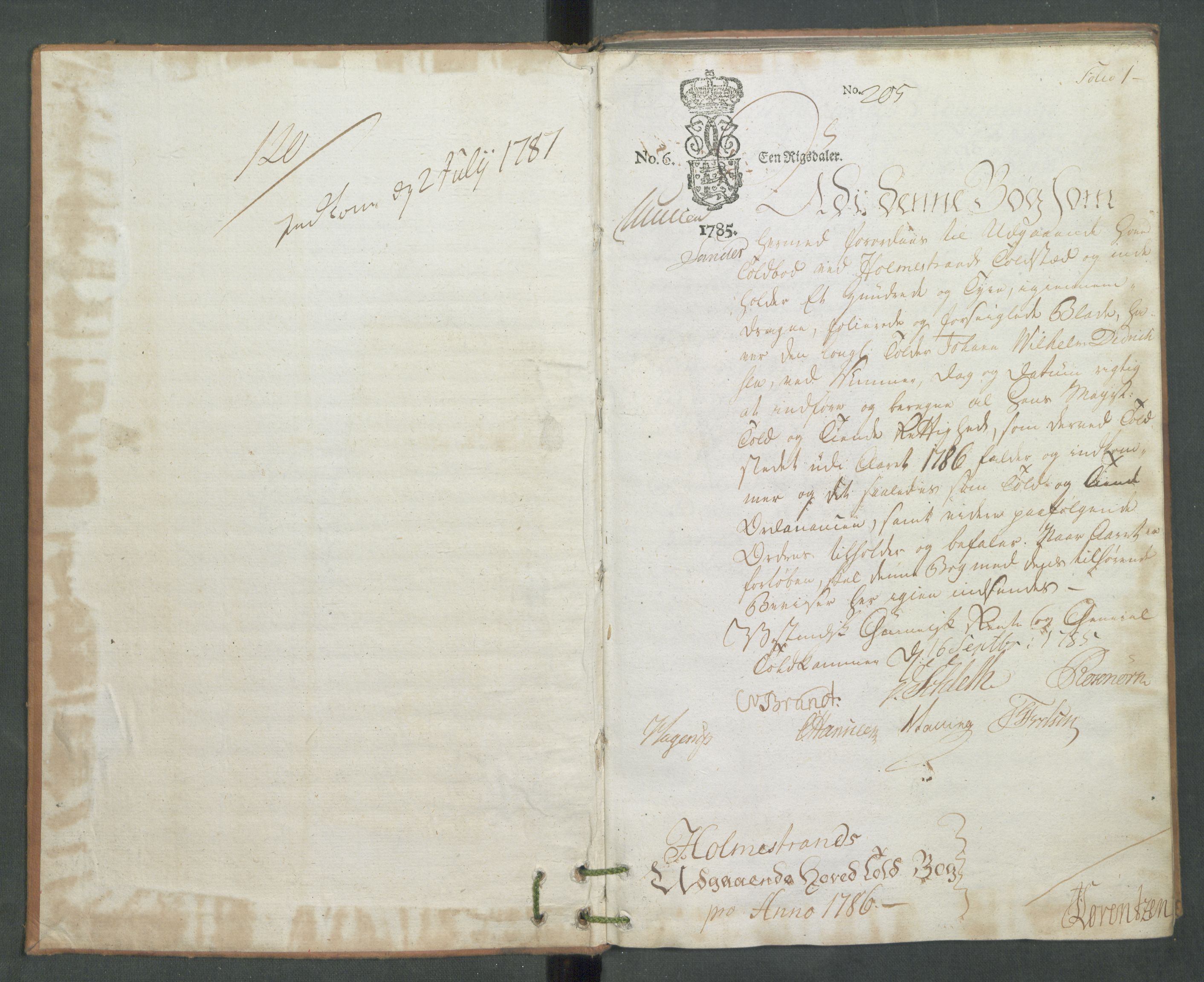 Generaltollkammeret, tollregnskaper, AV/RA-EA-5490/R09/L0079/0001: Tollregnskaper Holmestrand / Utgående hovedtollbok, 1786, s. 1a