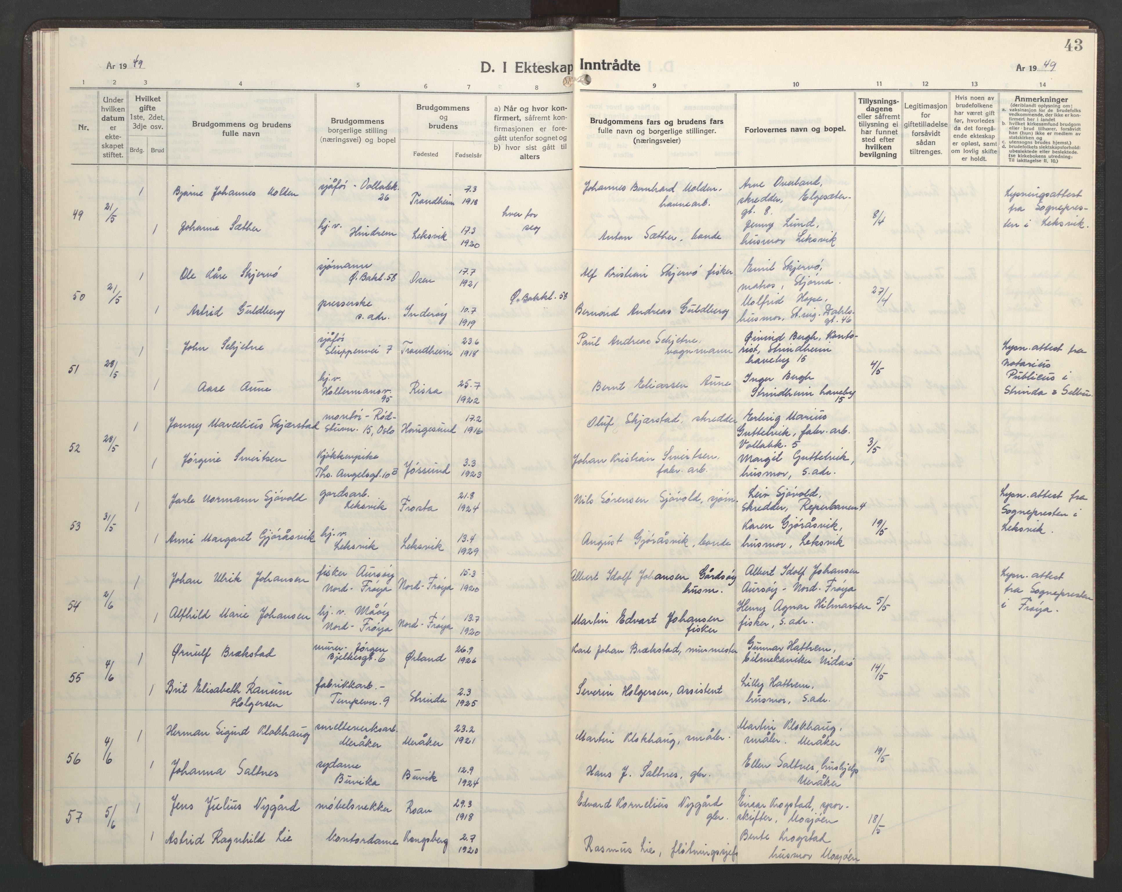 Ministerialprotokoller, klokkerbøker og fødselsregistre - Sør-Trøndelag, AV/SAT-A-1456/602/L0155: Klokkerbok nr. 602C23, 1947-1950, s. 43