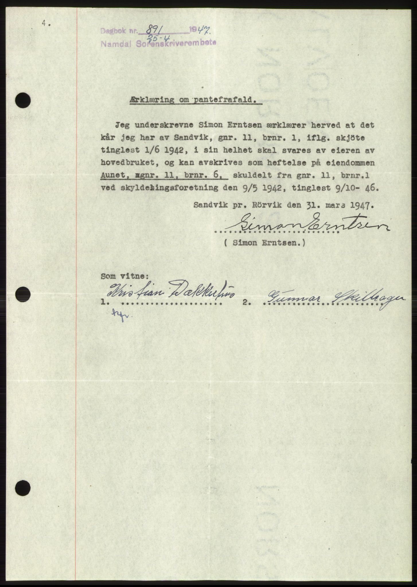 Namdal sorenskriveri, SAT/A-4133/1/2/2C: Pantebok nr. -, 1947-1947, Dagboknr: 891/1947