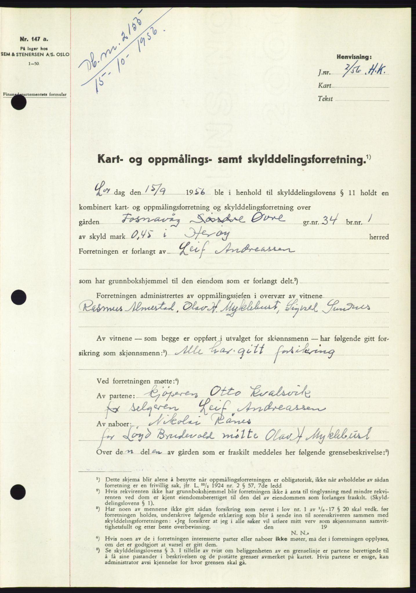Søre Sunnmøre sorenskriveri, AV/SAT-A-4122/1/2/2C/L0104: Pantebok nr. 30A, 1956-1956, Dagboknr: 2155/1956