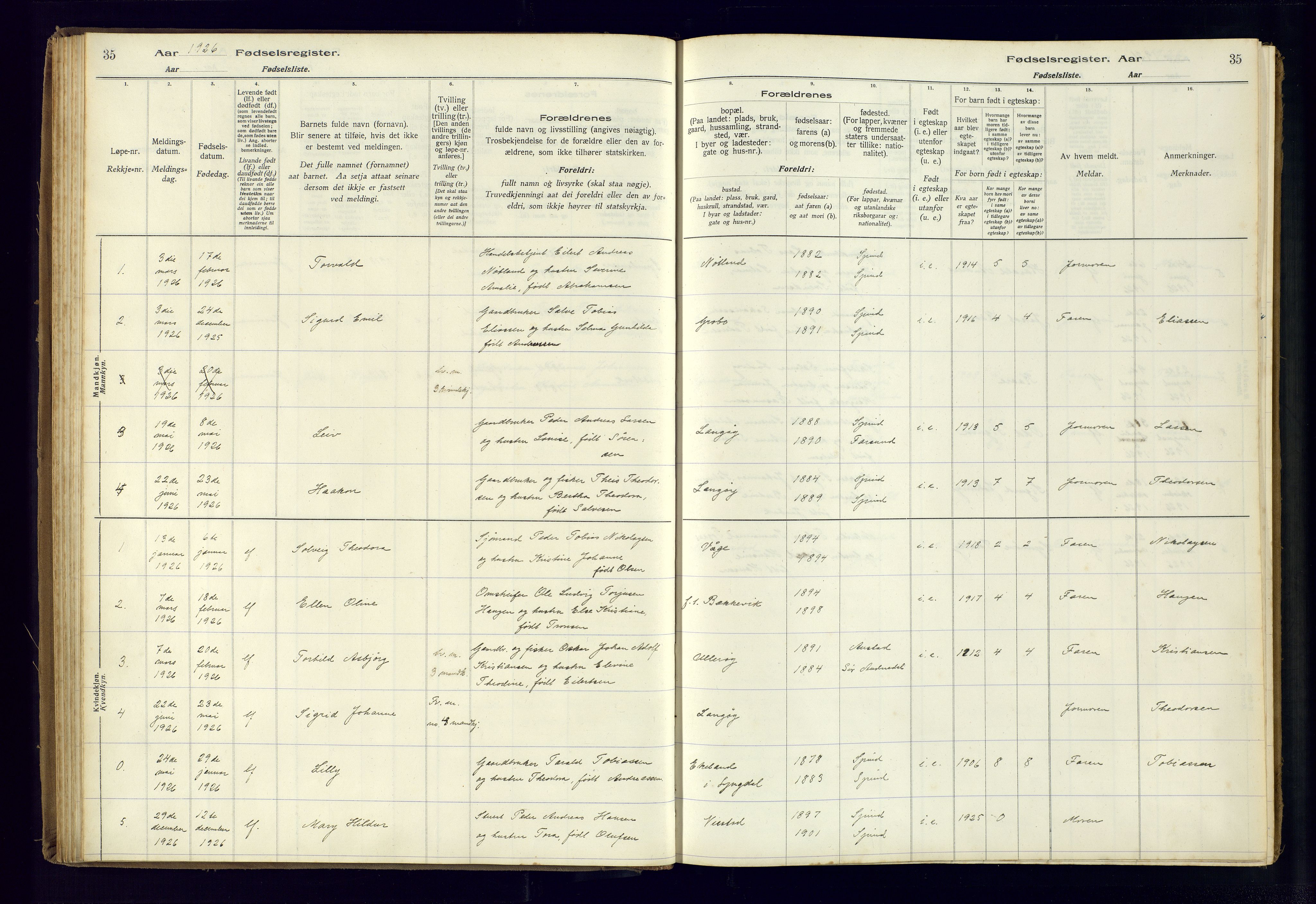 Farsund sokneprestkontor, AV/SAK-1111-0009/J/Ja/L0004: Fødselsregister nr. A-VI-11, 1916-1982, s. 35