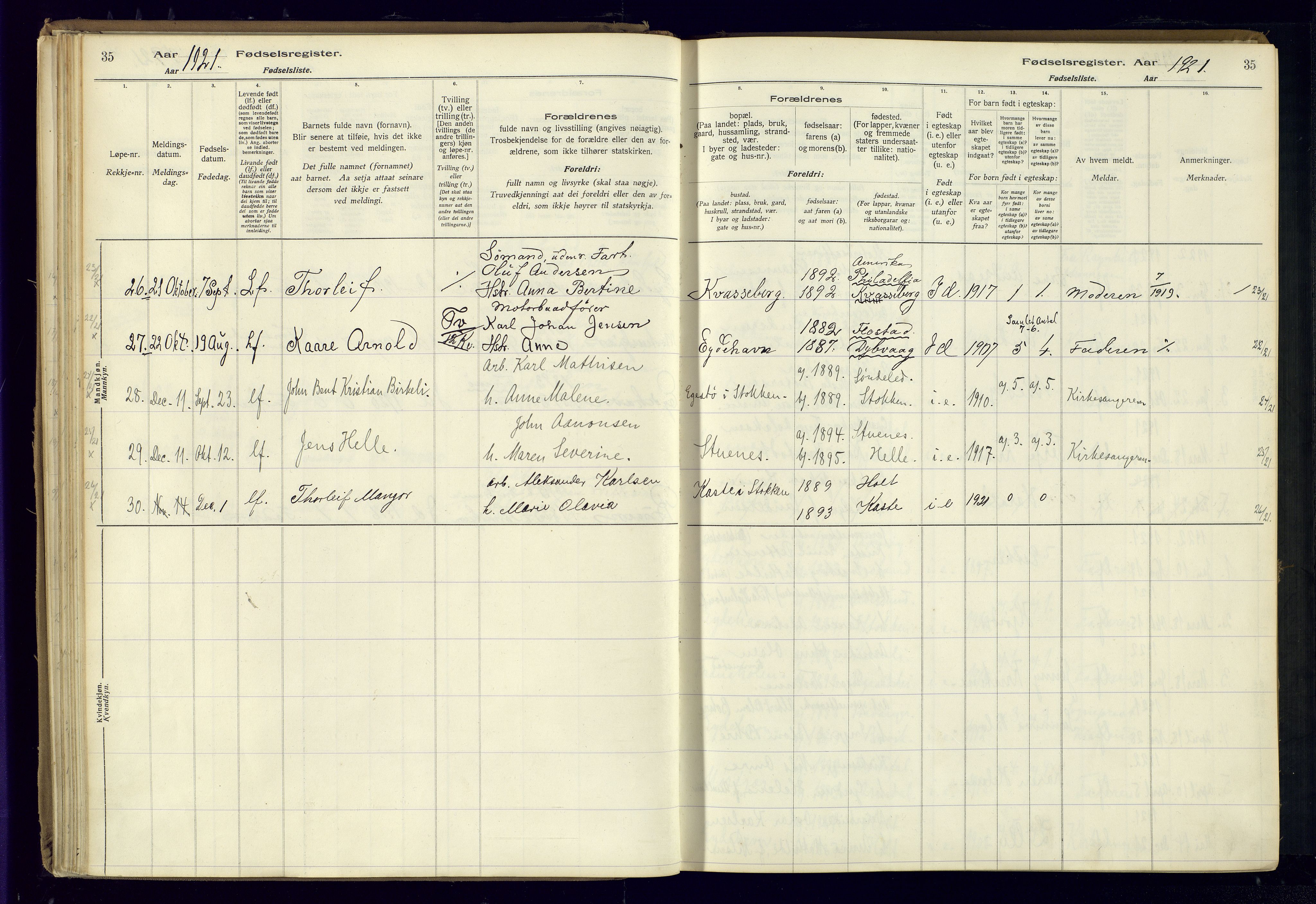 Austre Moland sokneprestkontor, AV/SAK-1111-0001/J/Ja/L0003: Fødselsregister nr. A-VI-27, 1916-1950, s. 35