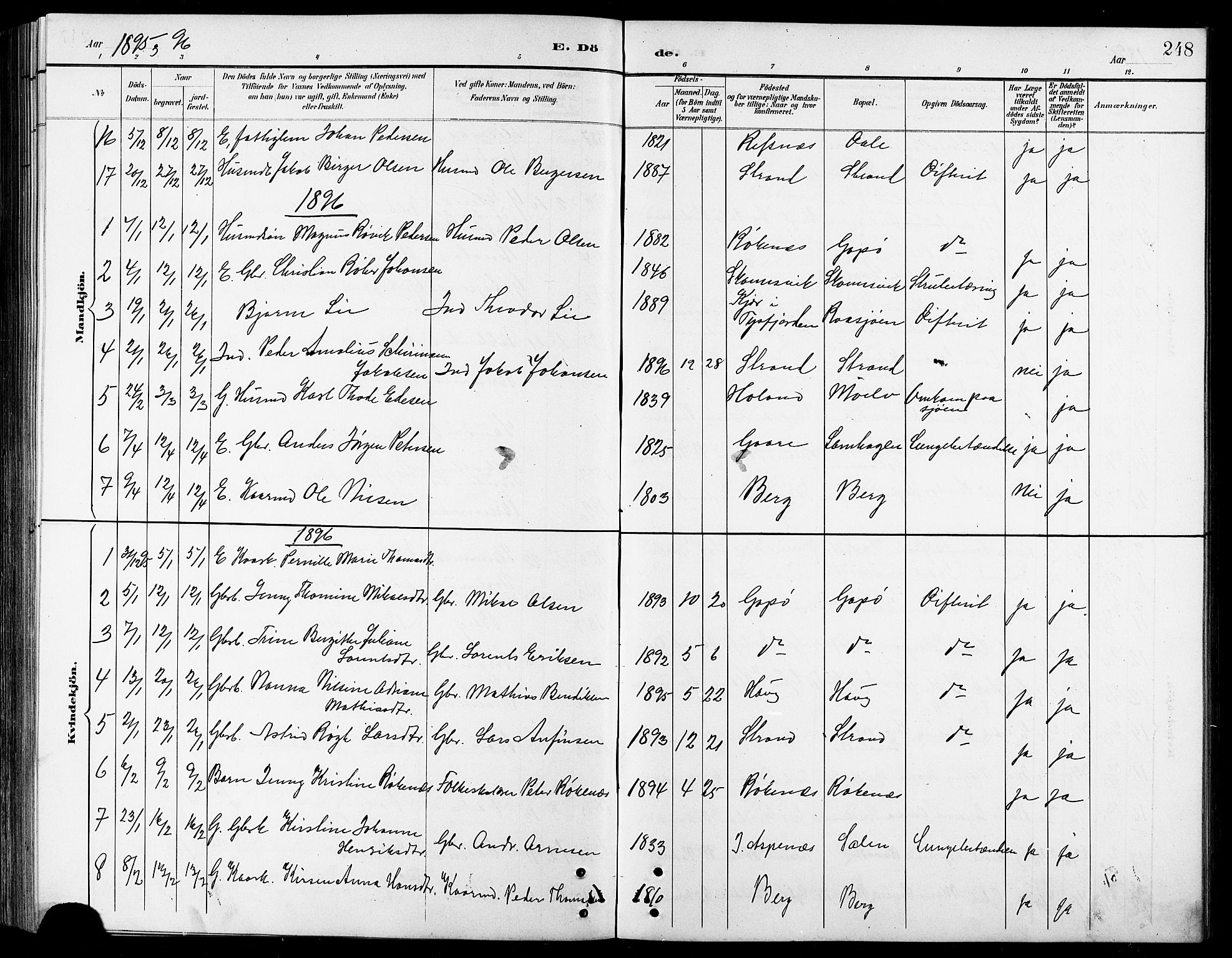 Kvæfjord sokneprestkontor, AV/SATØ-S-1323/G/Ga/Gab/L0005klokker: Klokkerbok nr. 5, 1886-1911, s. 248