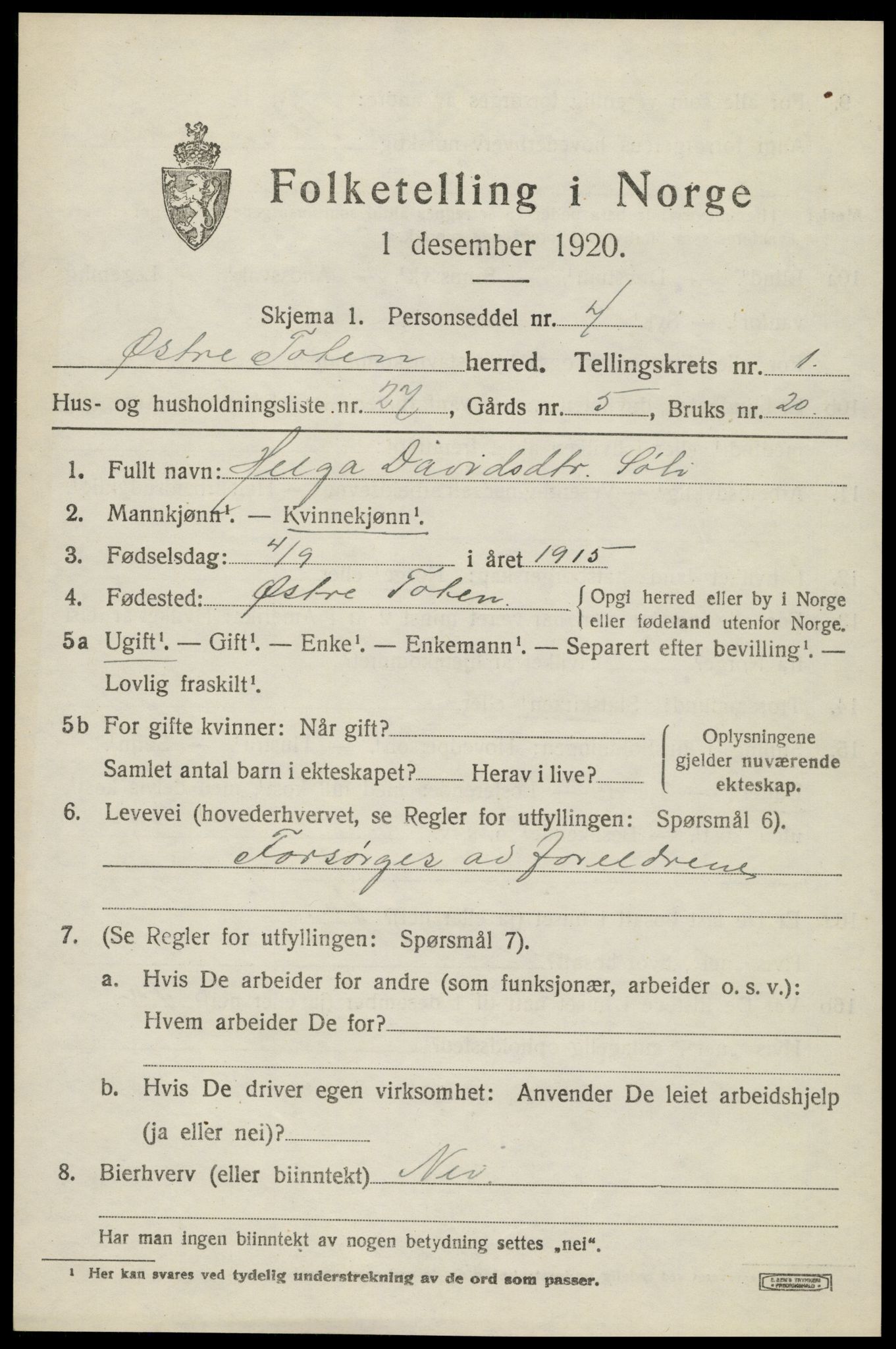 SAH, Folketelling 1920 for 0528 Østre Toten herred, 1920, s. 3774