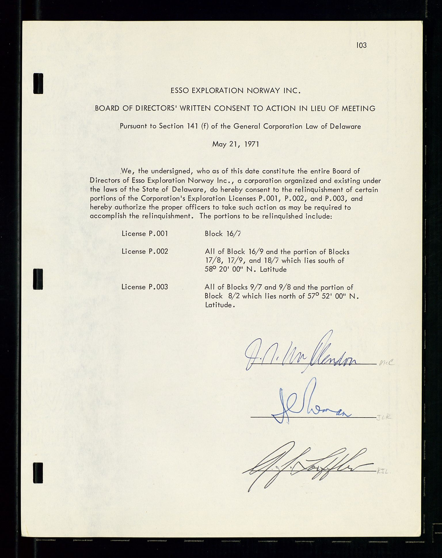 Pa 1512 - Esso Exploration and Production Norway Inc., AV/SAST-A-101917/A/Aa/L0001/0001: Styredokumenter / Corporate records, By-Laws, Board meeting minutes, Incorporations, 1965-1975, s. 103