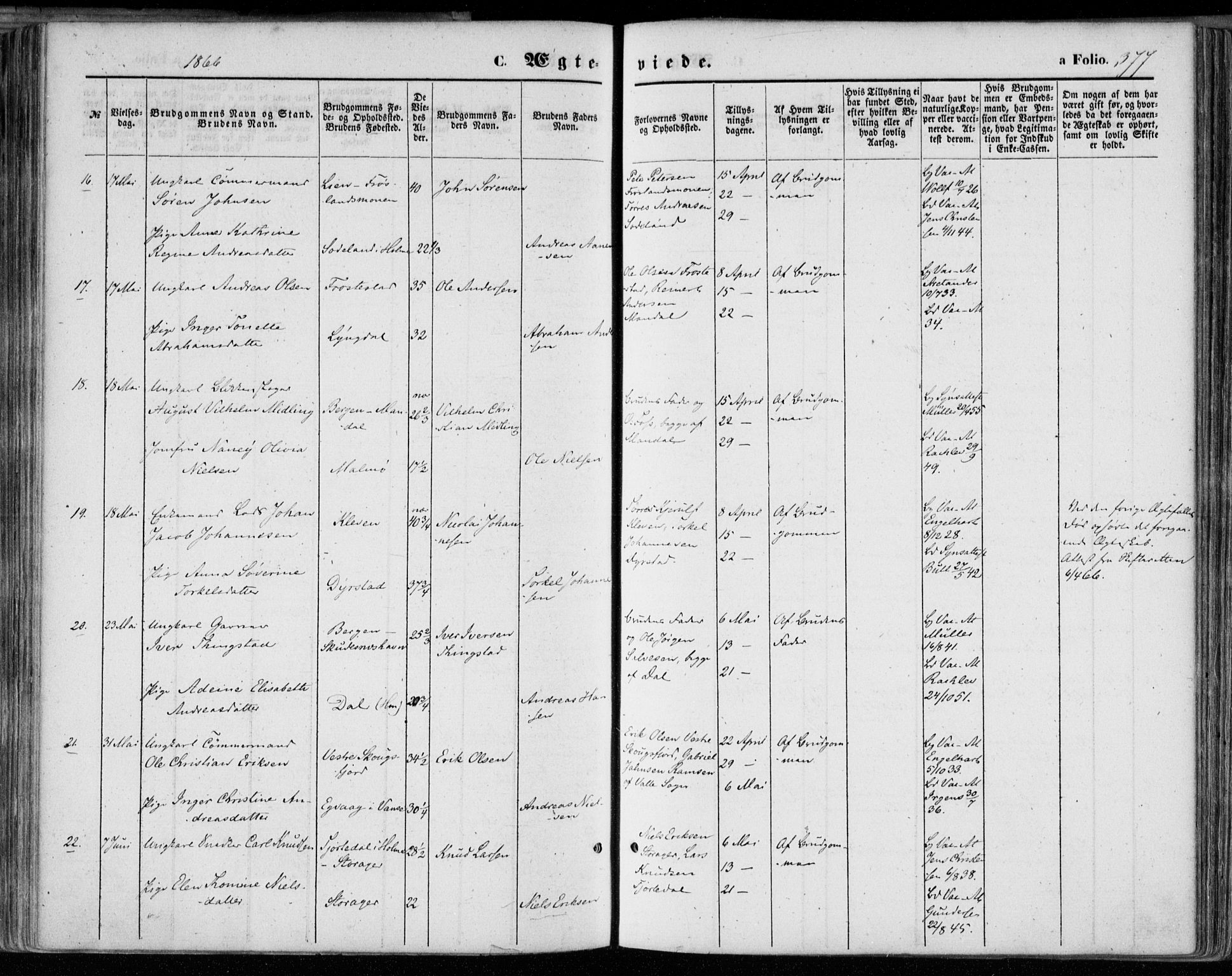 Mandal sokneprestkontor, AV/SAK-1111-0030/F/Fa/Faa/L0014: Ministerialbok nr. A 14, 1859-1872, s. 377