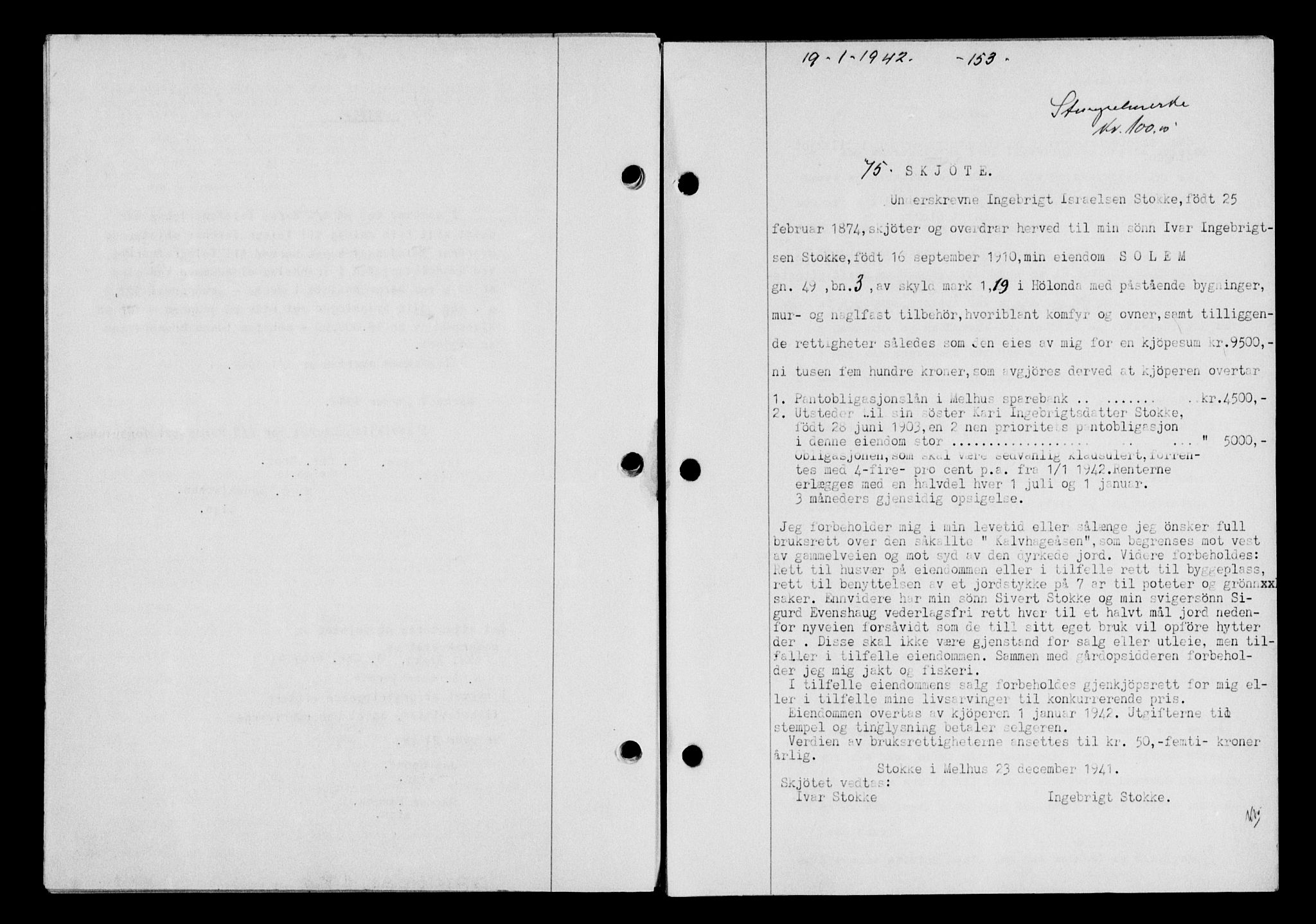 Gauldal sorenskriveri, SAT/A-0014/1/2/2C/L0054: Pantebok nr. 59, 1941-1942, Dagboknr: 75/1942