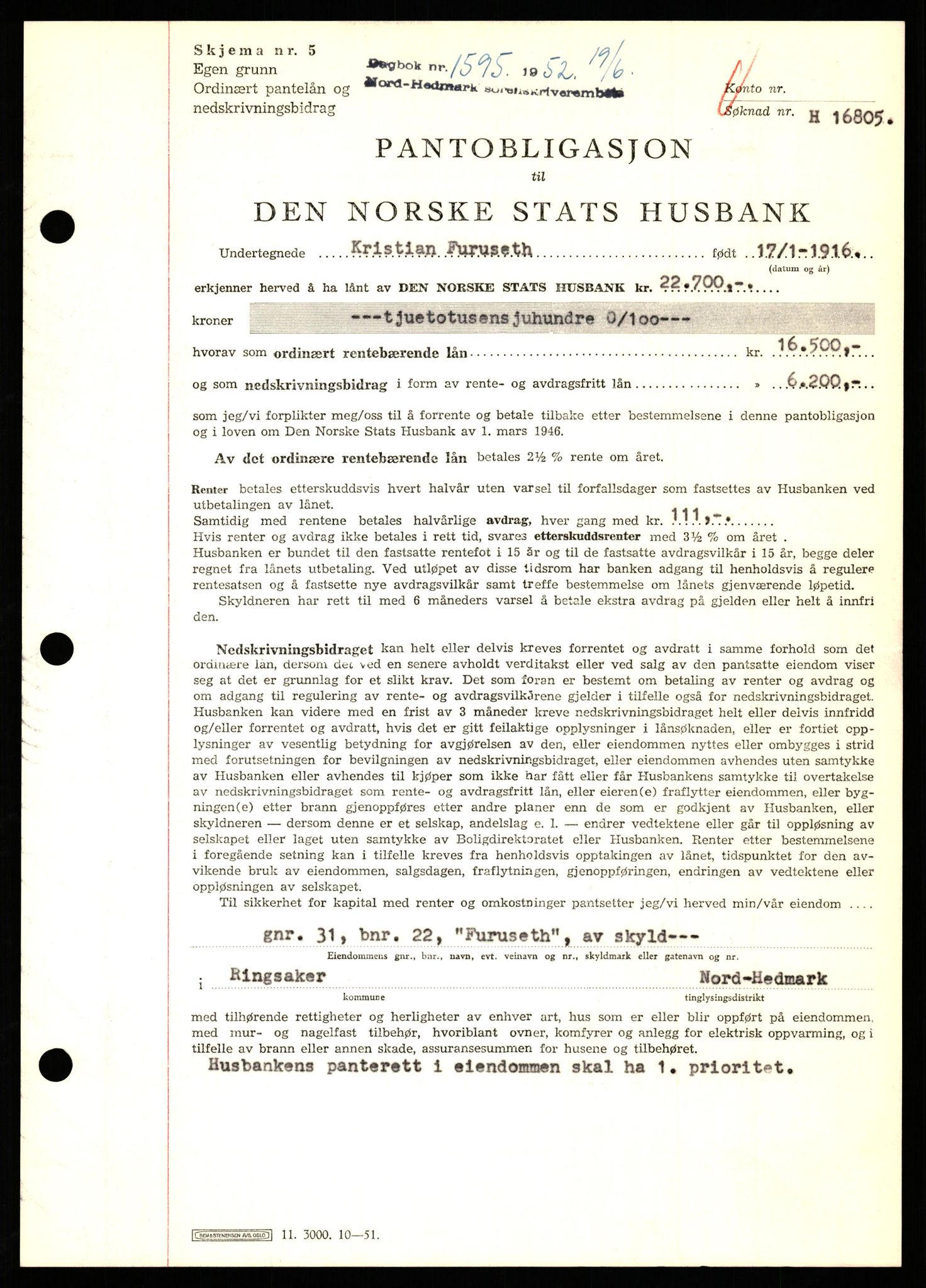Nord-Hedmark sorenskriveri, SAH/TING-012/H/Hb/Hbf/L0025: Pantebok nr. B25, 1952-1952, Dagboknr: 1595/1952