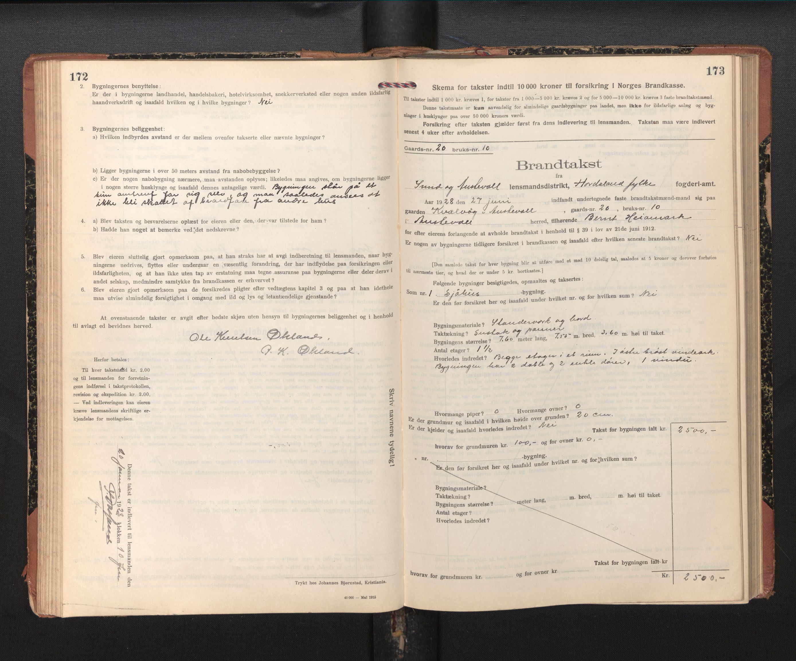 Lensmannen i Sund og Austevoll, SAB/A-35201/0012/L0004: Branntakstprotokoll, skjematakst, 1917-1949, s. 172-173