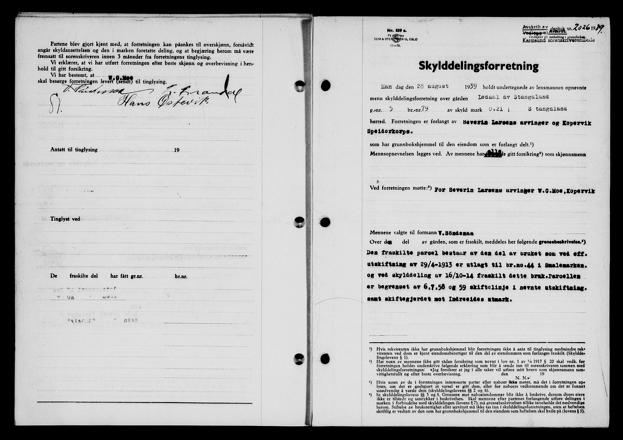 Karmsund sorenskriveri, SAST/A-100311/01/II/IIB/L0072: Pantebok nr. 53A, 1939-1940, Dagboknr: 2026/1939