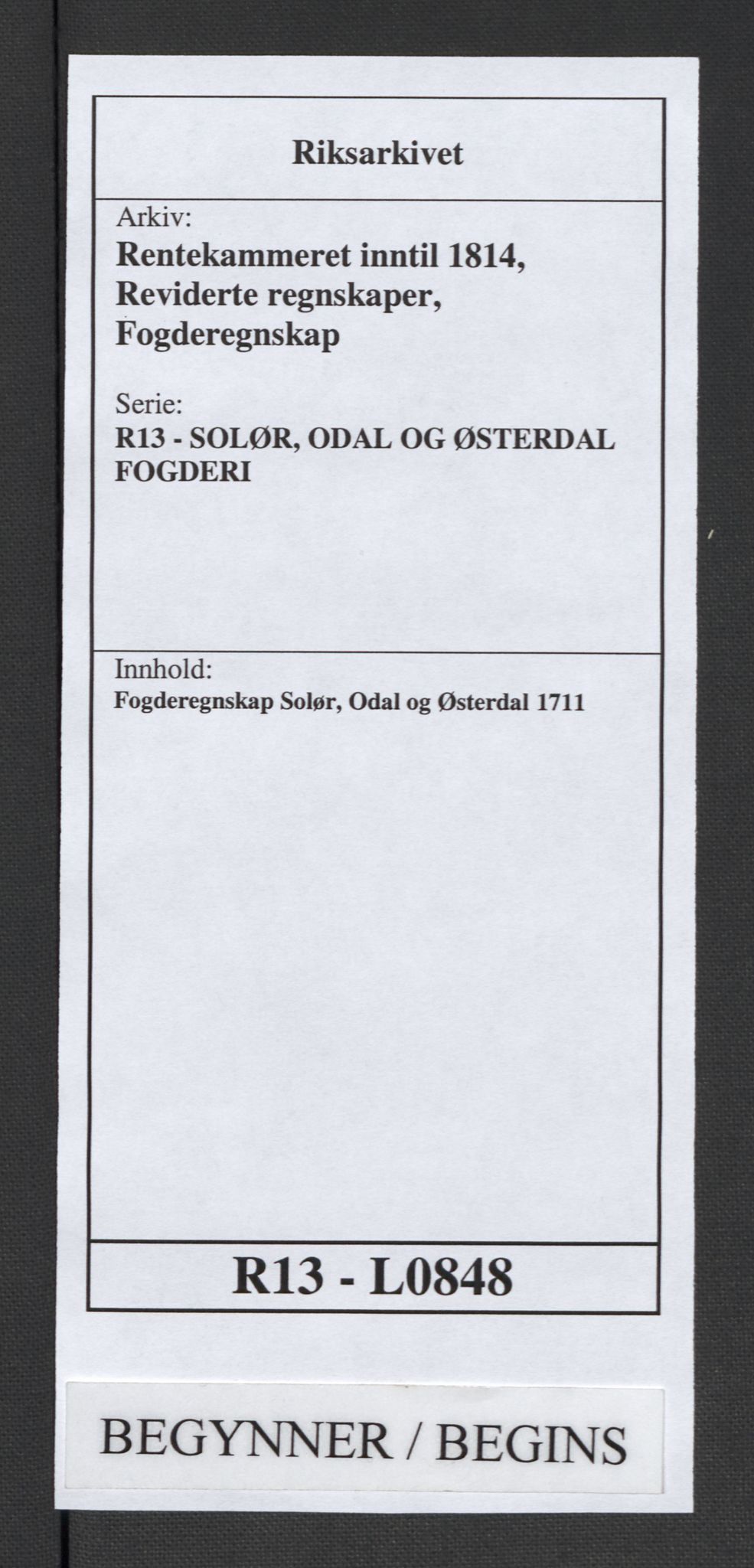 Rentekammeret inntil 1814, Reviderte regnskaper, Fogderegnskap, RA/EA-4092/R13/L0848: Fogderegnskap Solør, Odal og Østerdal, 1711, s. 1