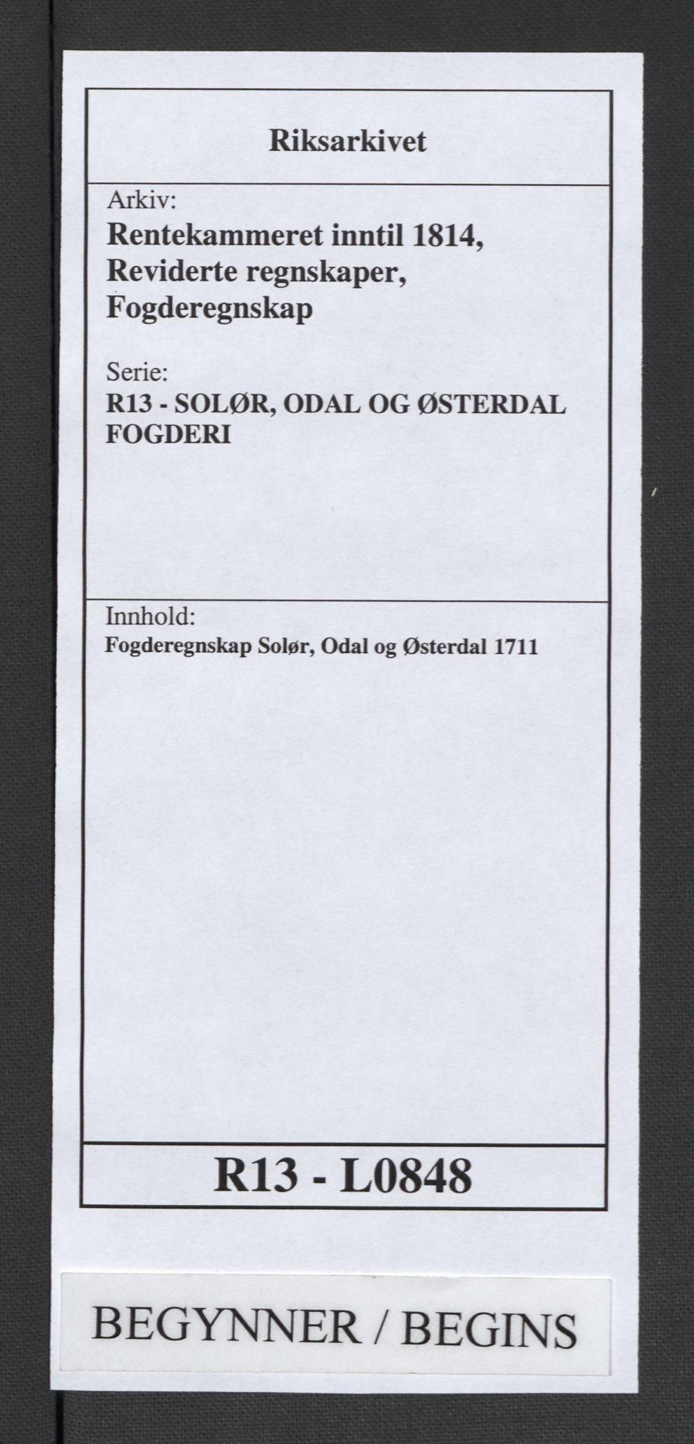 Rentekammeret inntil 1814, Reviderte regnskaper, Fogderegnskap, AV/RA-EA-4092/R13/L0848: Fogderegnskap Solør, Odal og Østerdal, 1711, s. 1