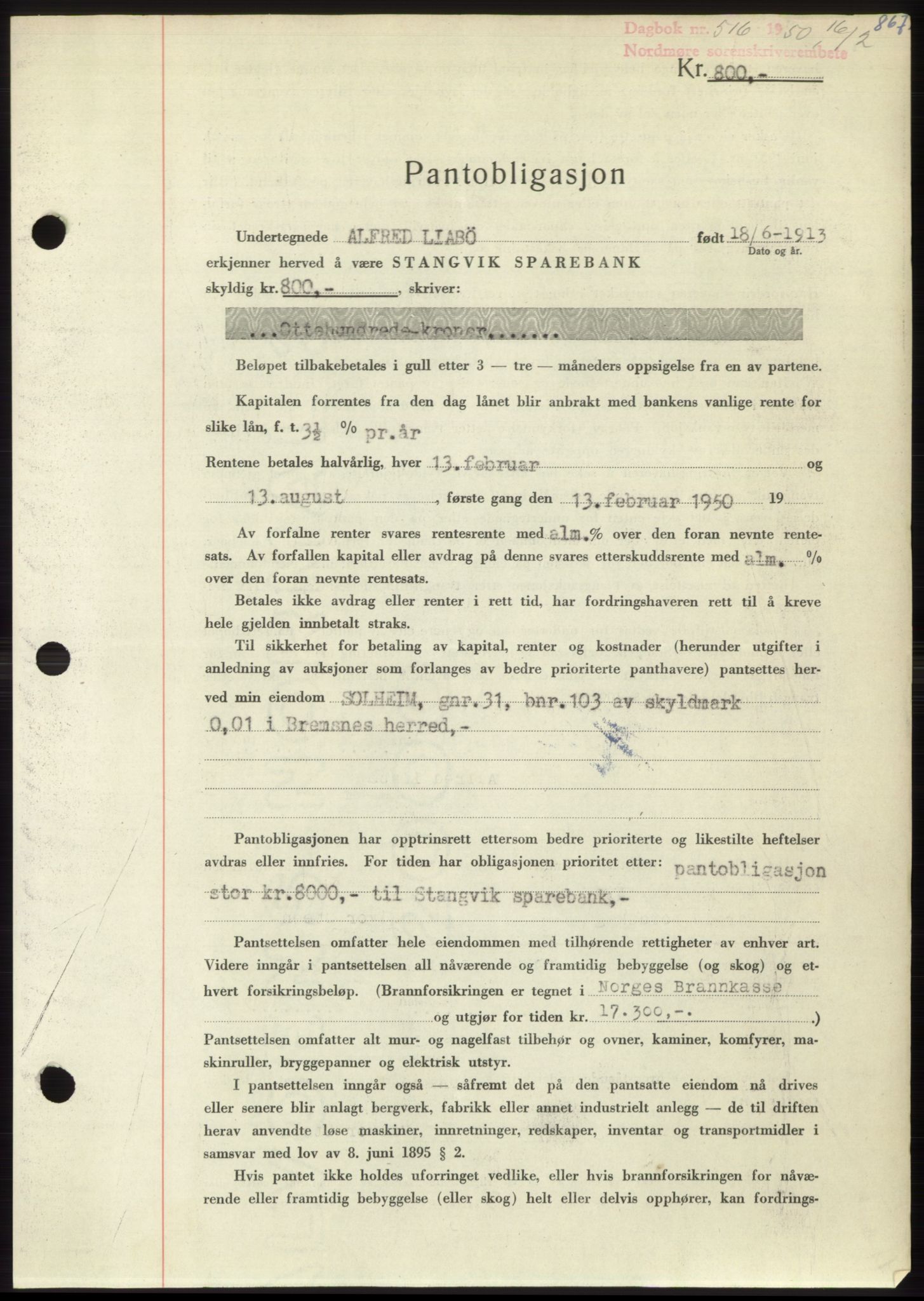 Nordmøre sorenskriveri, SAT/A-4132/1/2/2Ca: Pantebok nr. B103, 1949-1950, Dagboknr: 516/1950