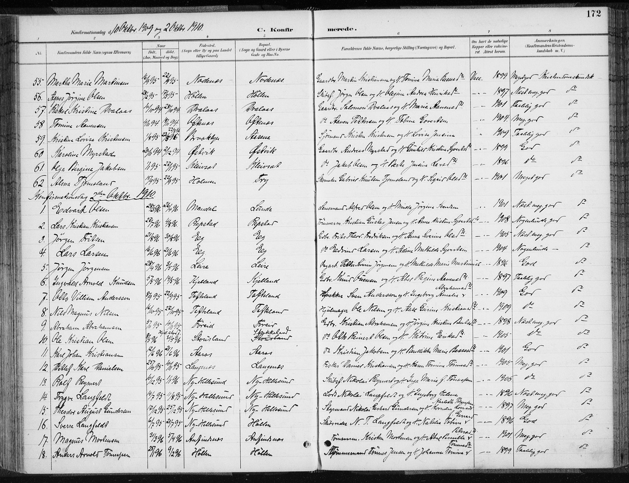 Søgne sokneprestkontor, AV/SAK-1111-0037/F/Fa/Fab/L0013: Ministerialbok nr. A 13, 1892-1911, s. 172