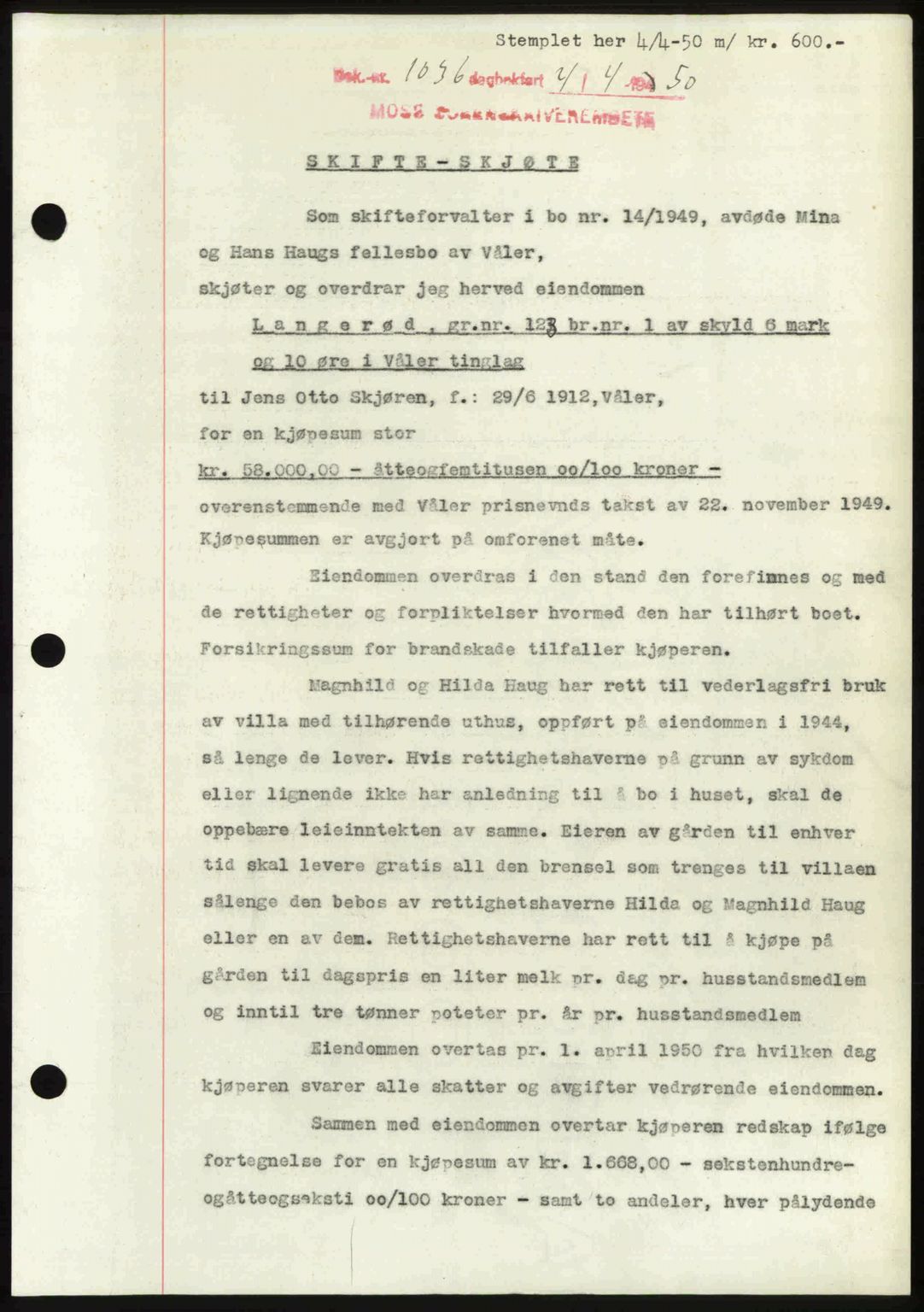 Moss sorenskriveri, SAO/A-10168: Pantebok nr. A25, 1950-1950, Dagboknr: 1036/1950