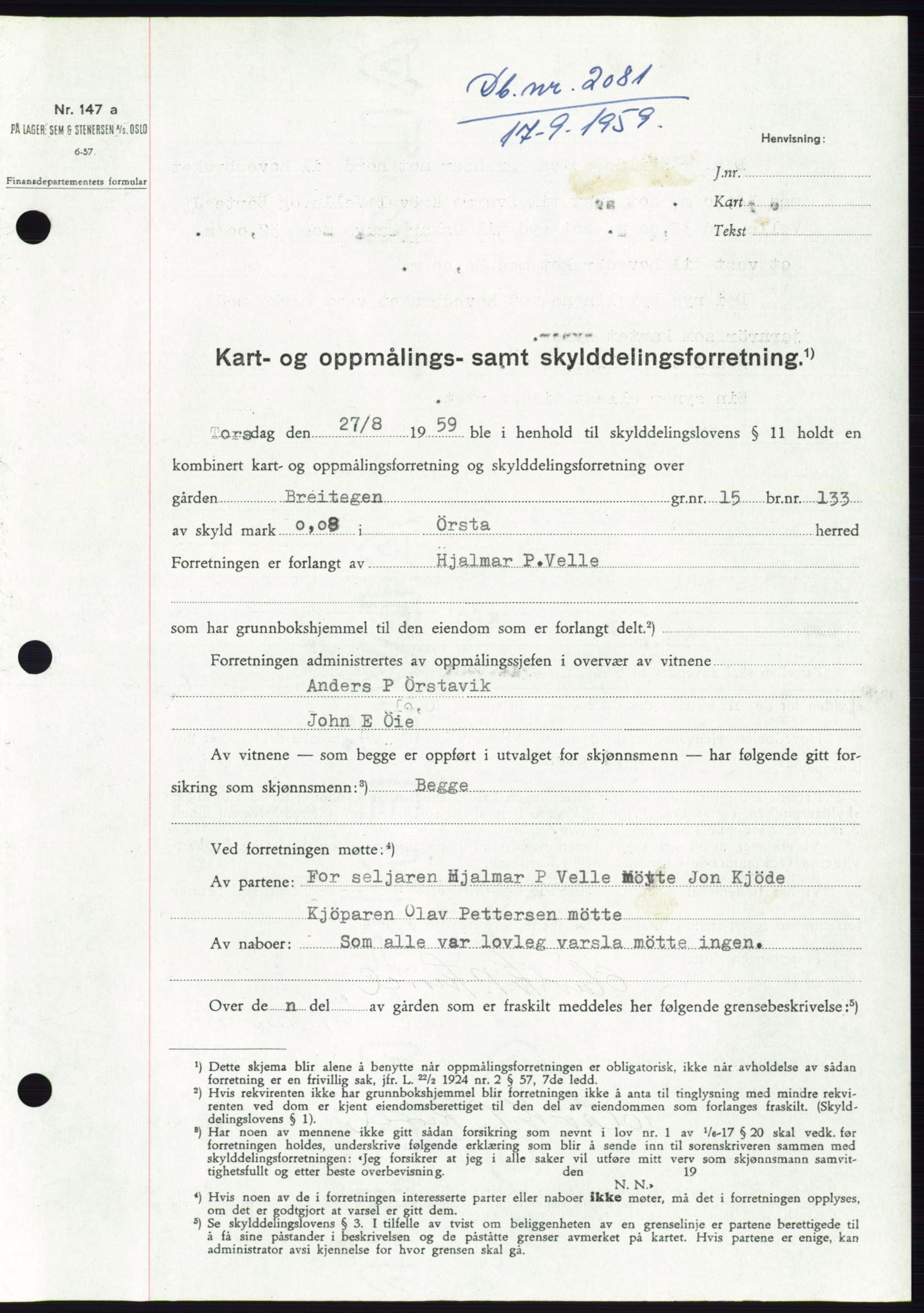 Søre Sunnmøre sorenskriveri, SAT/A-4122/1/2/2C/L0113: Pantebok nr. 39A, 1959-1959, Dagboknr: 2081/1959