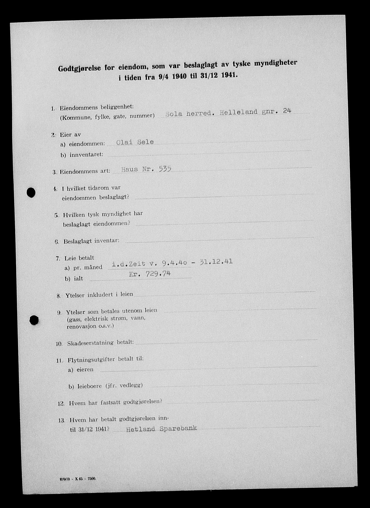 Justisdepartementet, Tilbakeføringskontoret for inndratte formuer, AV/RA-S-1564/I/L1015: Godtgjørelse for beslaglagt eiendom, 1940-1941, s. 152