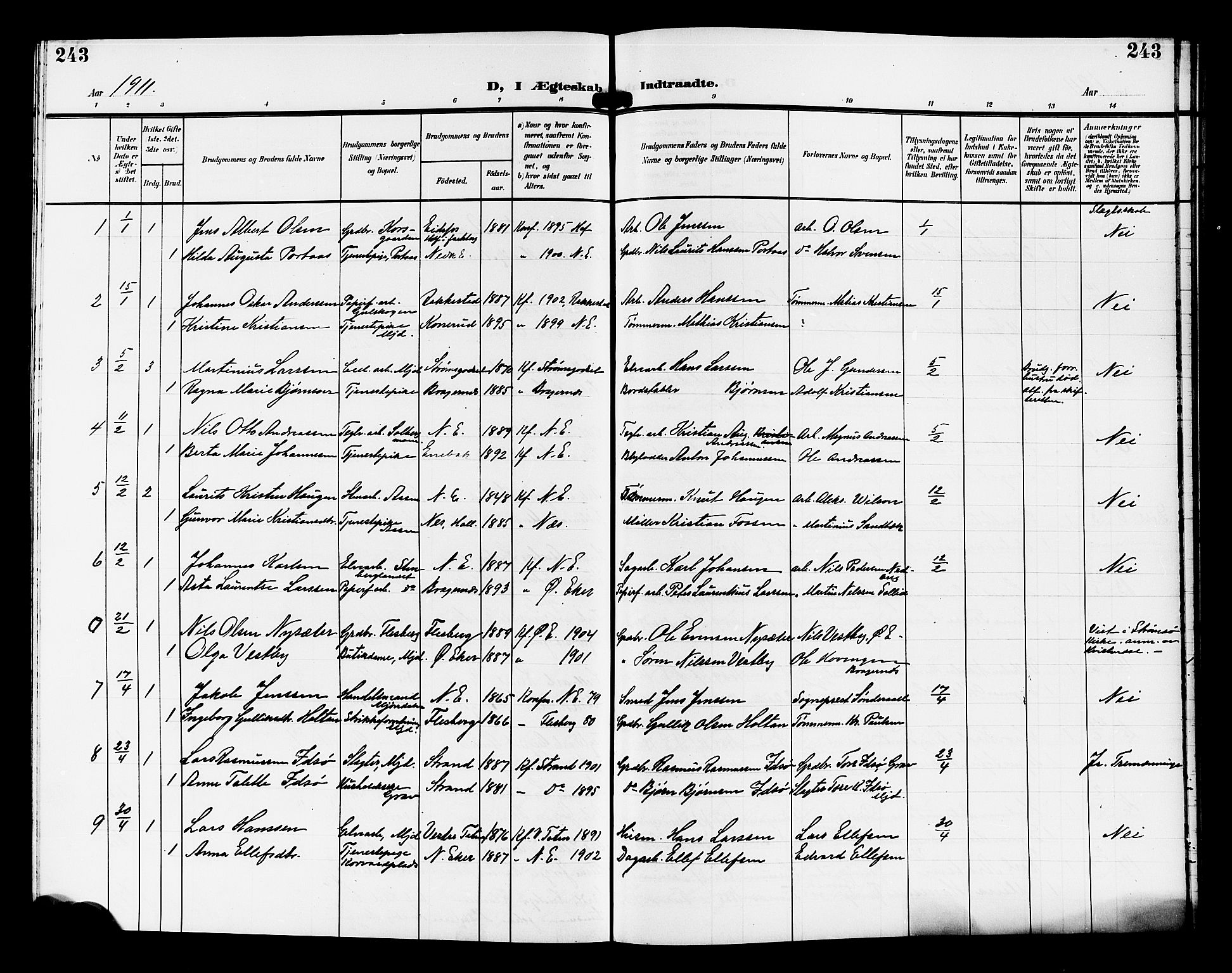 Nedre Eiker kirkebøker, AV/SAKO-A-612/G/Ga/L0004: Klokkerbok nr. 4, 1905-1912, s. 243