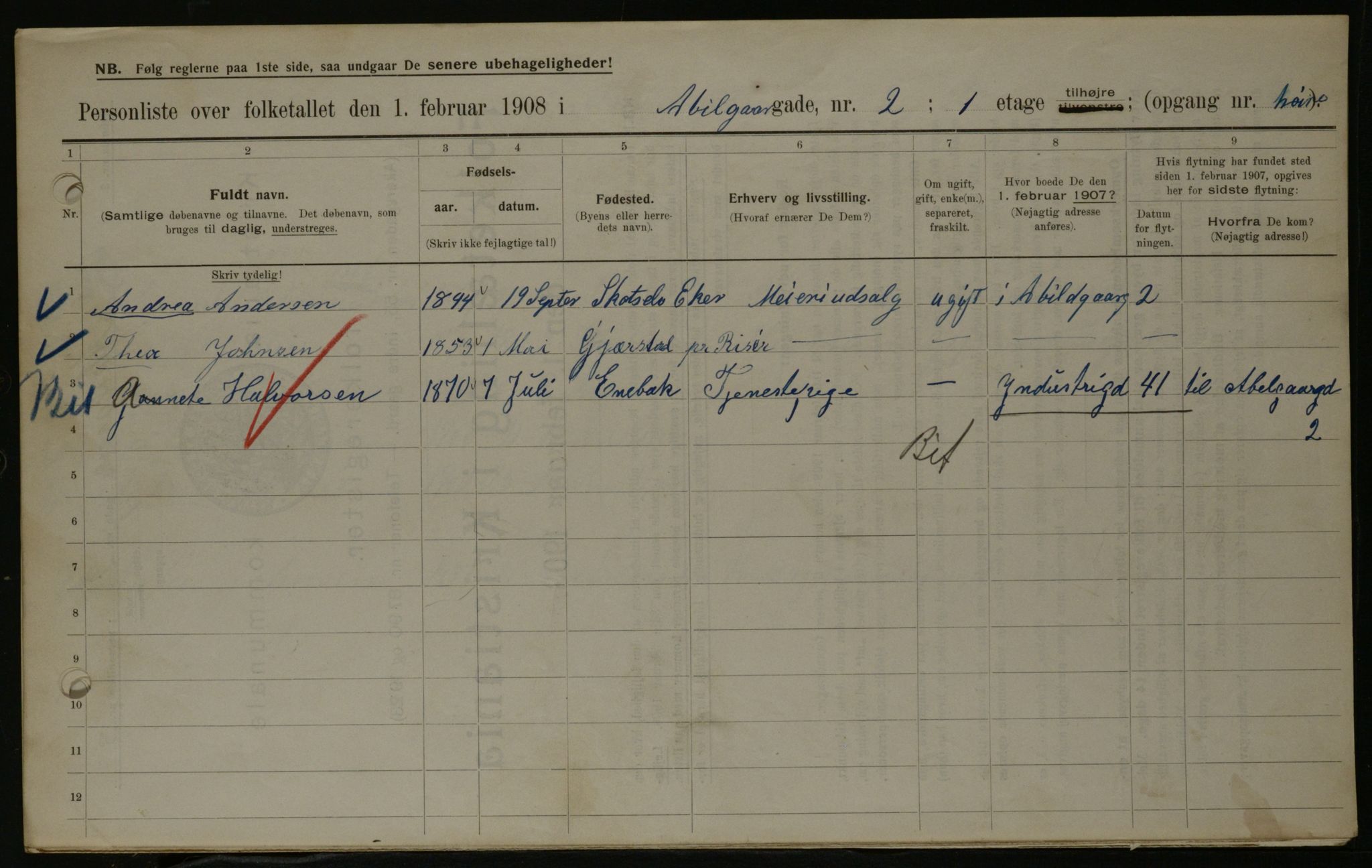 OBA, Kommunal folketelling 1.2.1908 for Kristiania kjøpstad, 1908, s. 5