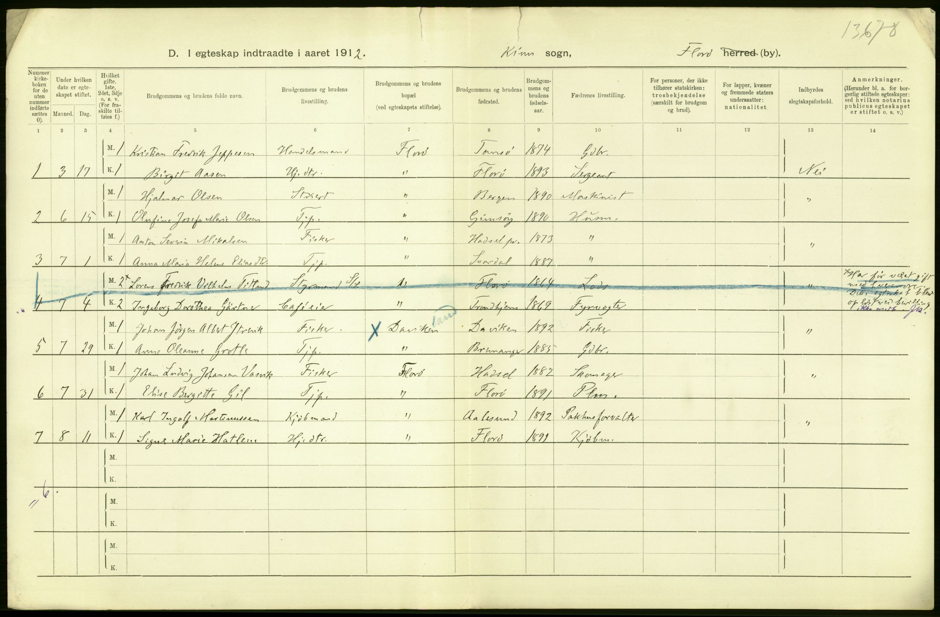 Statistisk sentralbyrå, Sosiodemografiske emner, Befolkning, RA/S-2228/D/Df/Dfb/Dfbb/L0036: Florø by: Levendefødte menn og kvinner, gifte, døde, dødfødte., 1912, s. 18