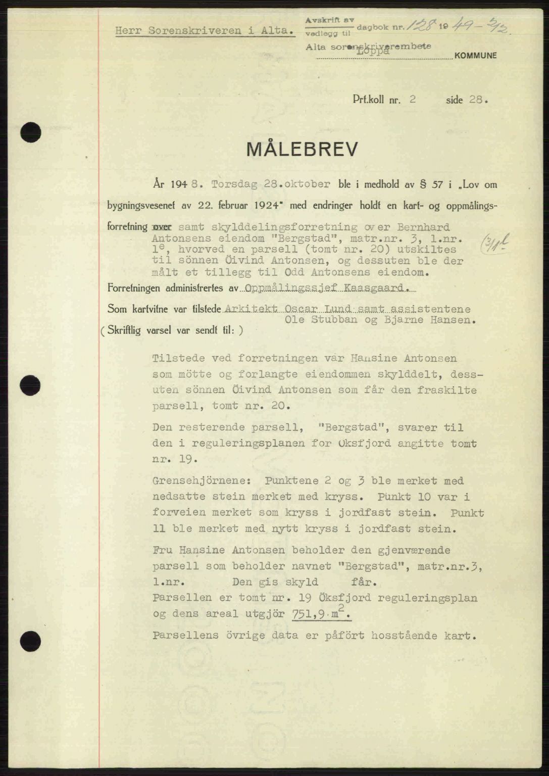 Alta fogderi/sorenskriveri, SATØ/SATØ-5/1/K/Kd/L0037pantebok: Pantebok nr. 39-40, 1948-1949, Dagboknr: 128/1949