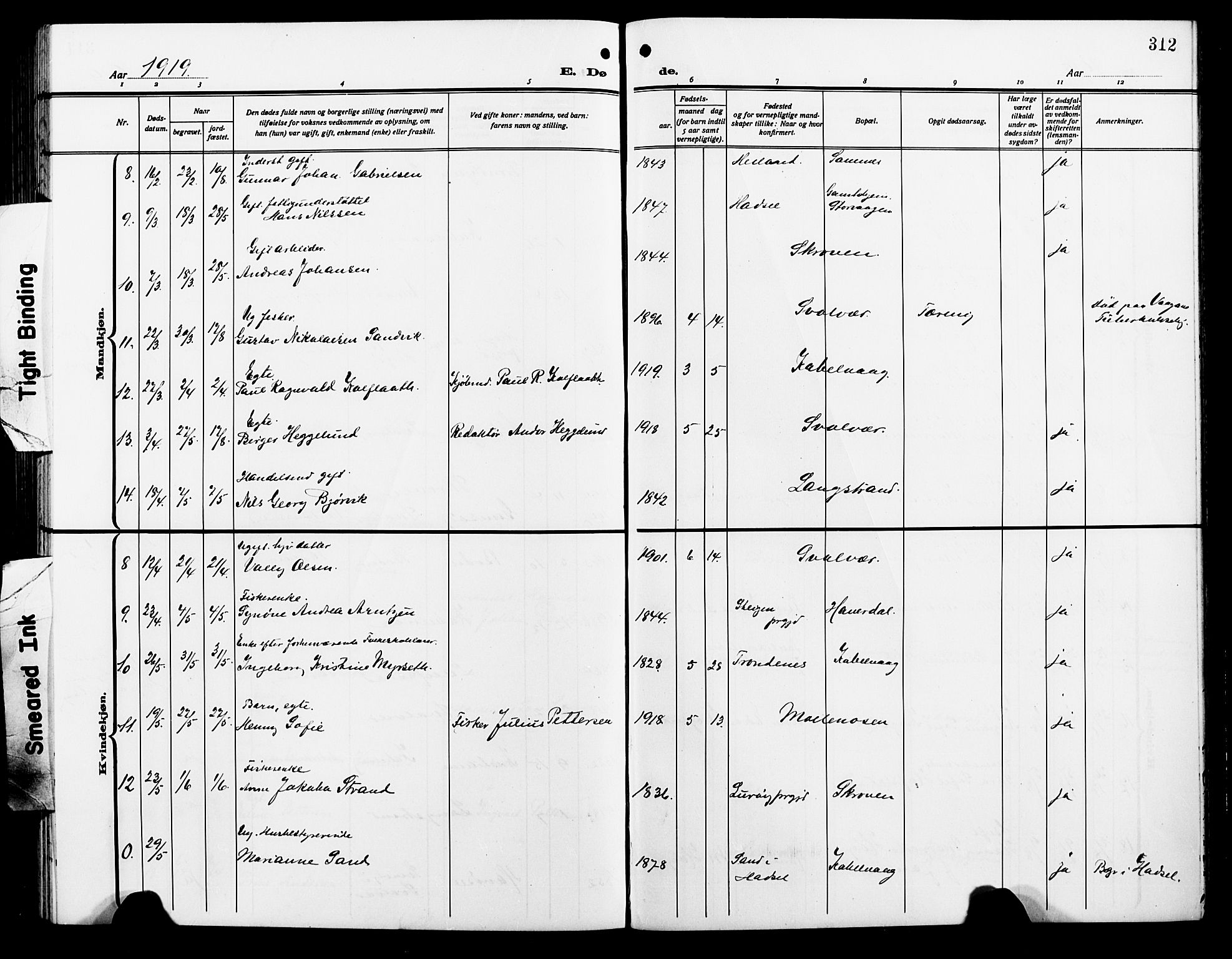 Ministerialprotokoller, klokkerbøker og fødselsregistre - Nordland, AV/SAT-A-1459/874/L1080: Klokkerbok nr. 874C09, 1915-1925, s. 312