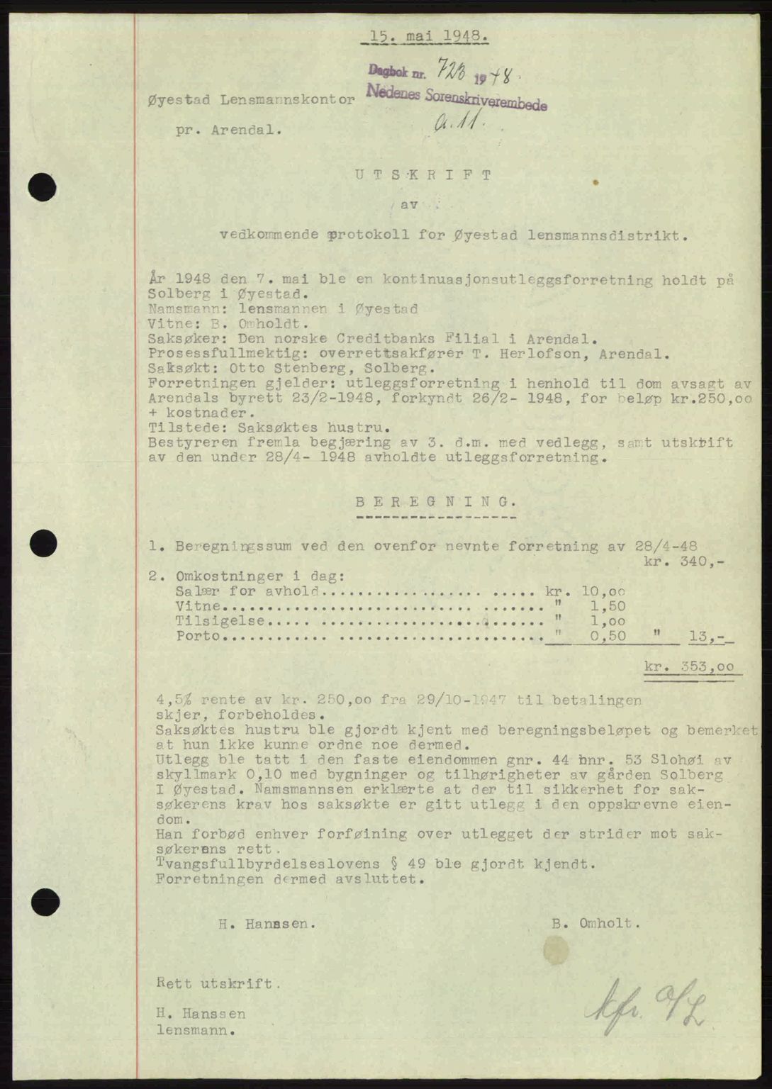 Nedenes sorenskriveri, SAK/1221-0006/G/Gb/Gba/L0059: Pantebok nr. A11, 1948-1948, Dagboknr: 723/1948