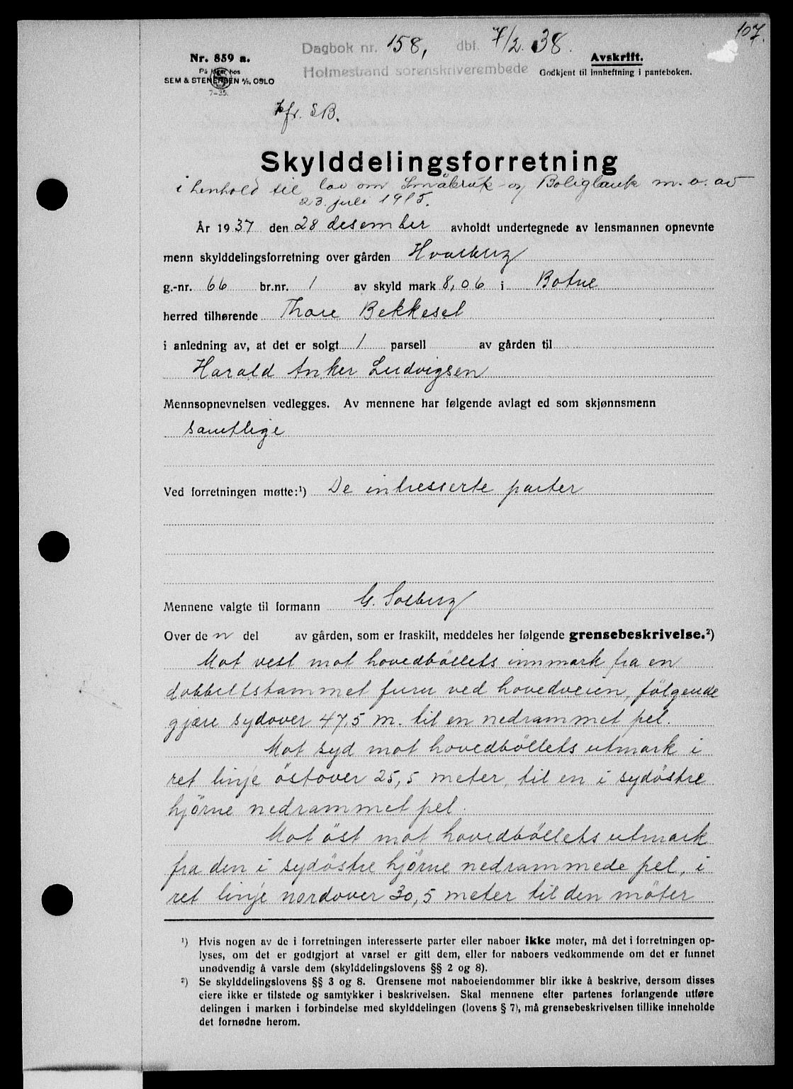 Holmestrand sorenskriveri, SAKO/A-67/G/Ga/Gaa/L0049: Pantebok nr. A-49, 1937-1938, Dagboknr: 158/1938